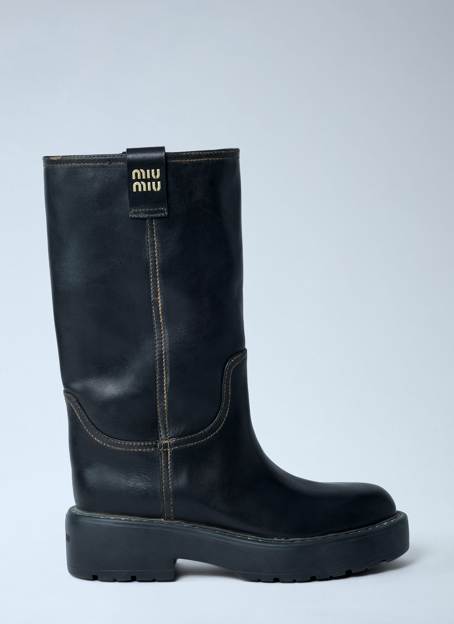 Miu Miu Leather Logo Motif Boots In Black