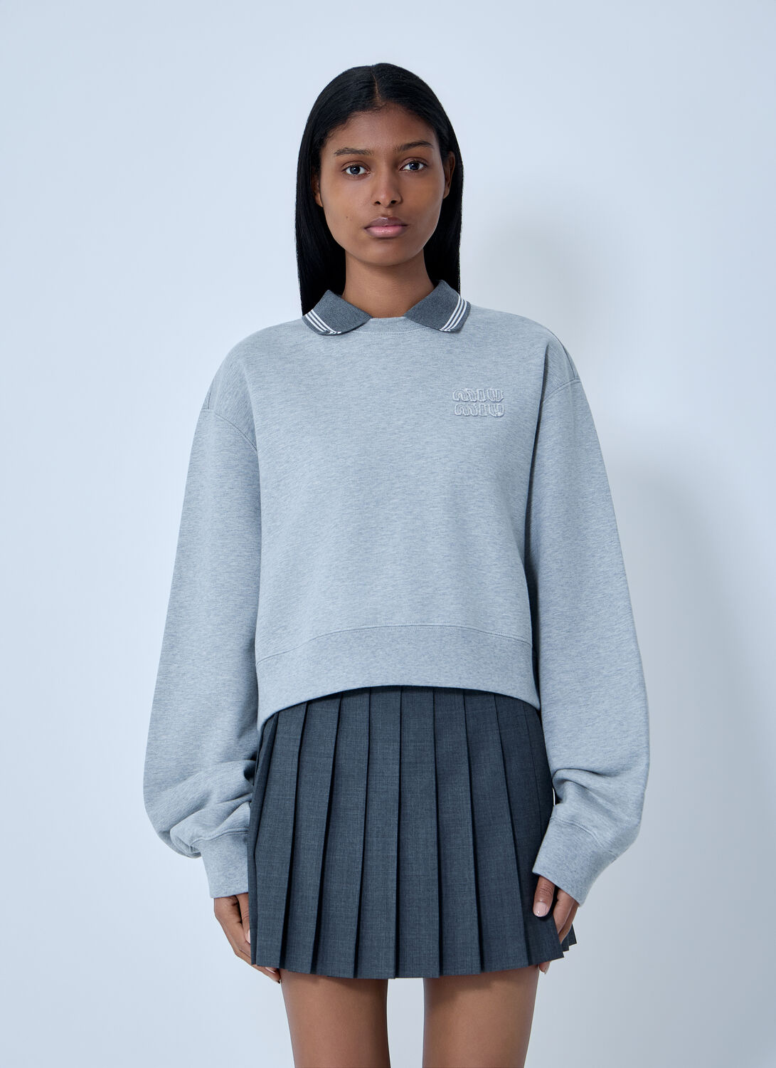 Miu Miu Logo Motif Fleece Sweatshirt In Gray