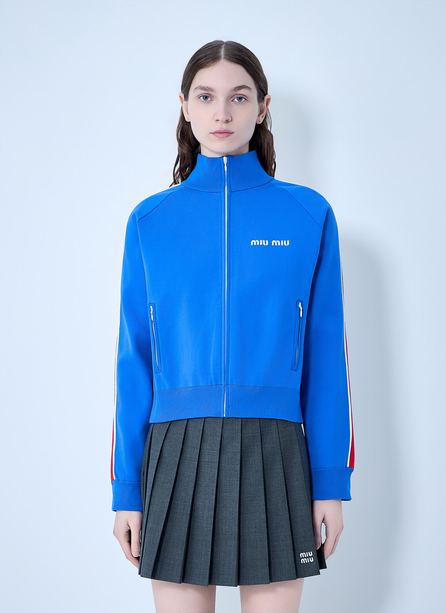Miu Miu Women's Blue Technical Yarn Zipper Sweatshirt - Woman Jackets It - 38