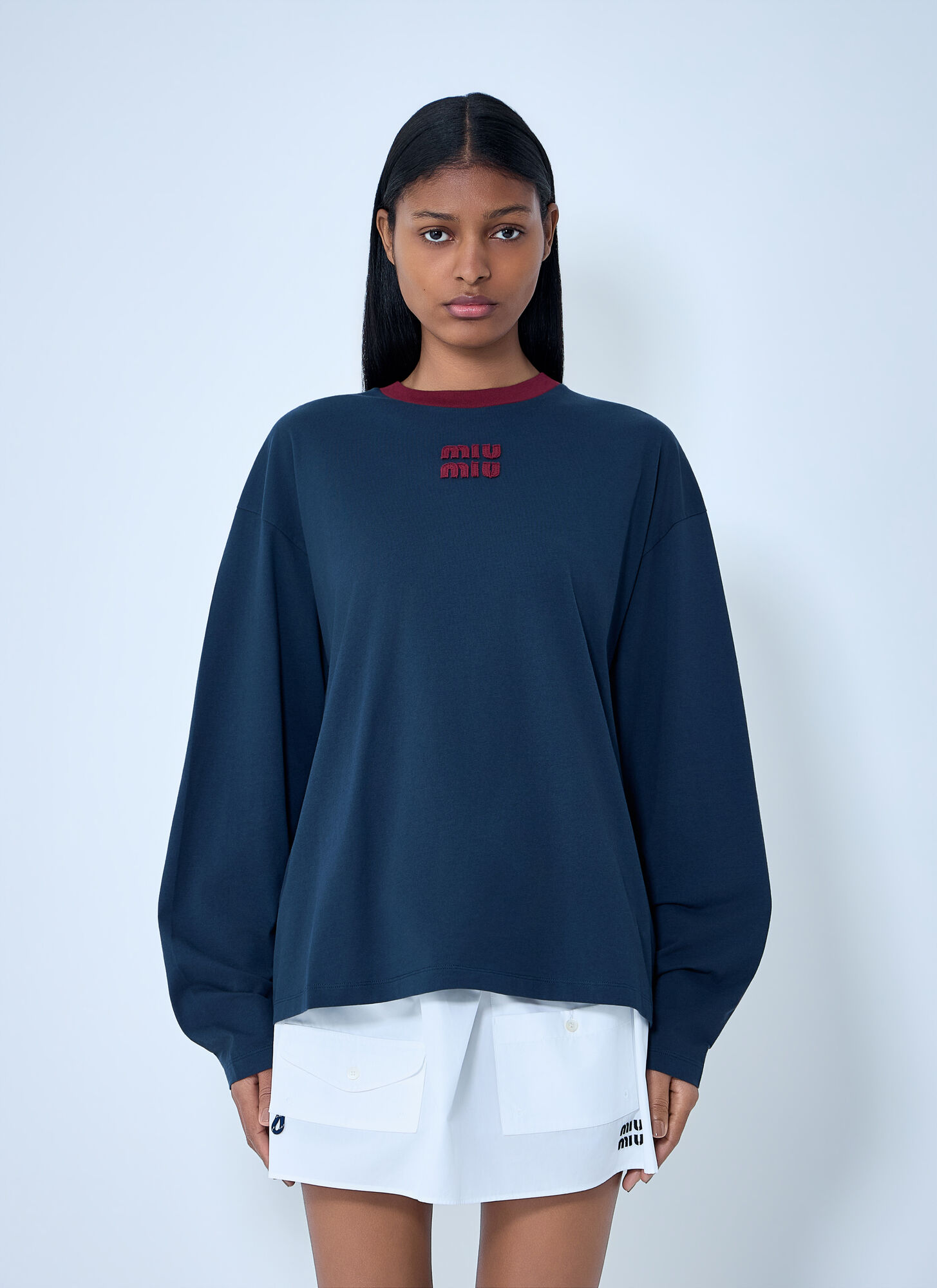 Miu Miu Miu Miu Cotton Jersey Sweatshirt With Logo Motif - Woman T-shirts Blue S　ミュウミュウ コットン ジャージ スウェットシャツ ロゴモチーフ付き - 女性 Tシャツ ブル
