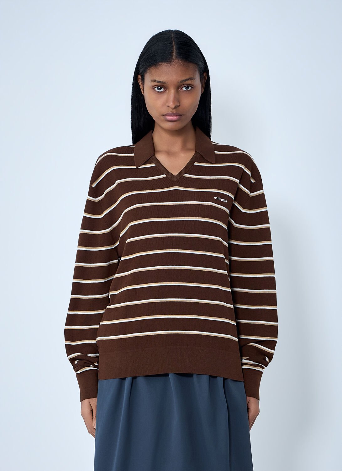 Miu Miu Striped Knit Polo Sweater In Brown