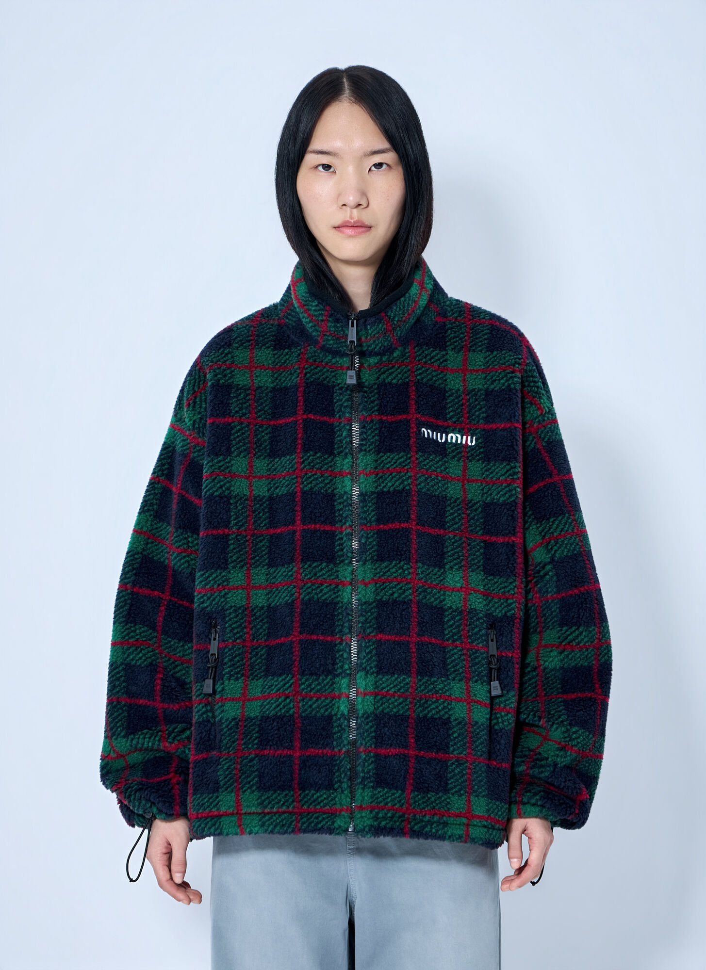 Miu Miu Miu Miu Checked Teddy Zipper Jacket - Woman Jackets Green S　ミュウミュウ チェック テディ ジッパー ジャケット - 女性ジャケット グリーン S