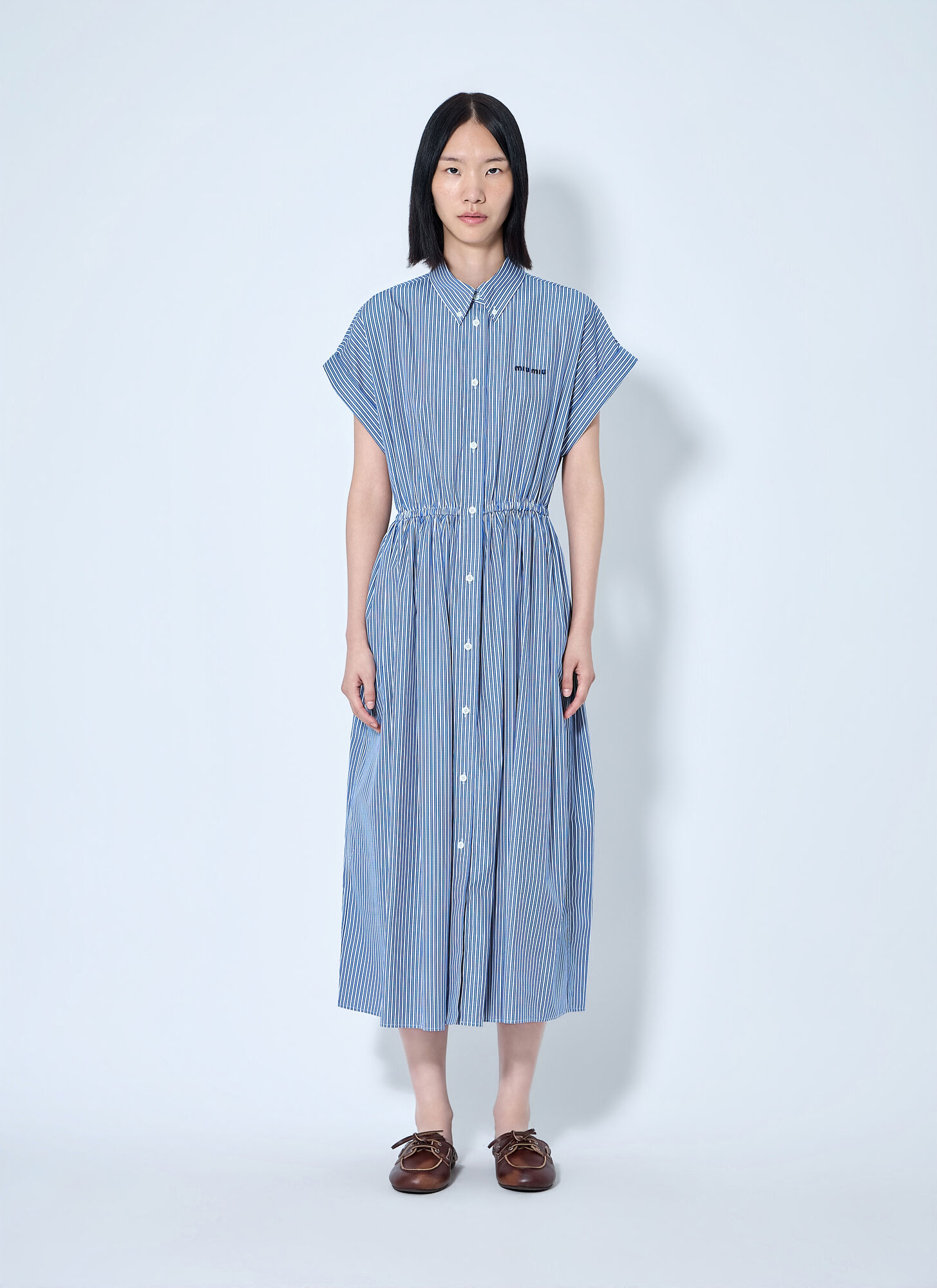 Miu Miu Miu Miu Vertical Stripe Poplin Midi Dress - Woman Dresses Light Blue It - 38　ミュウミュウ 縦ストライプ ポプリン ミディ ドレス - 女性ドレス ライト ブルー 