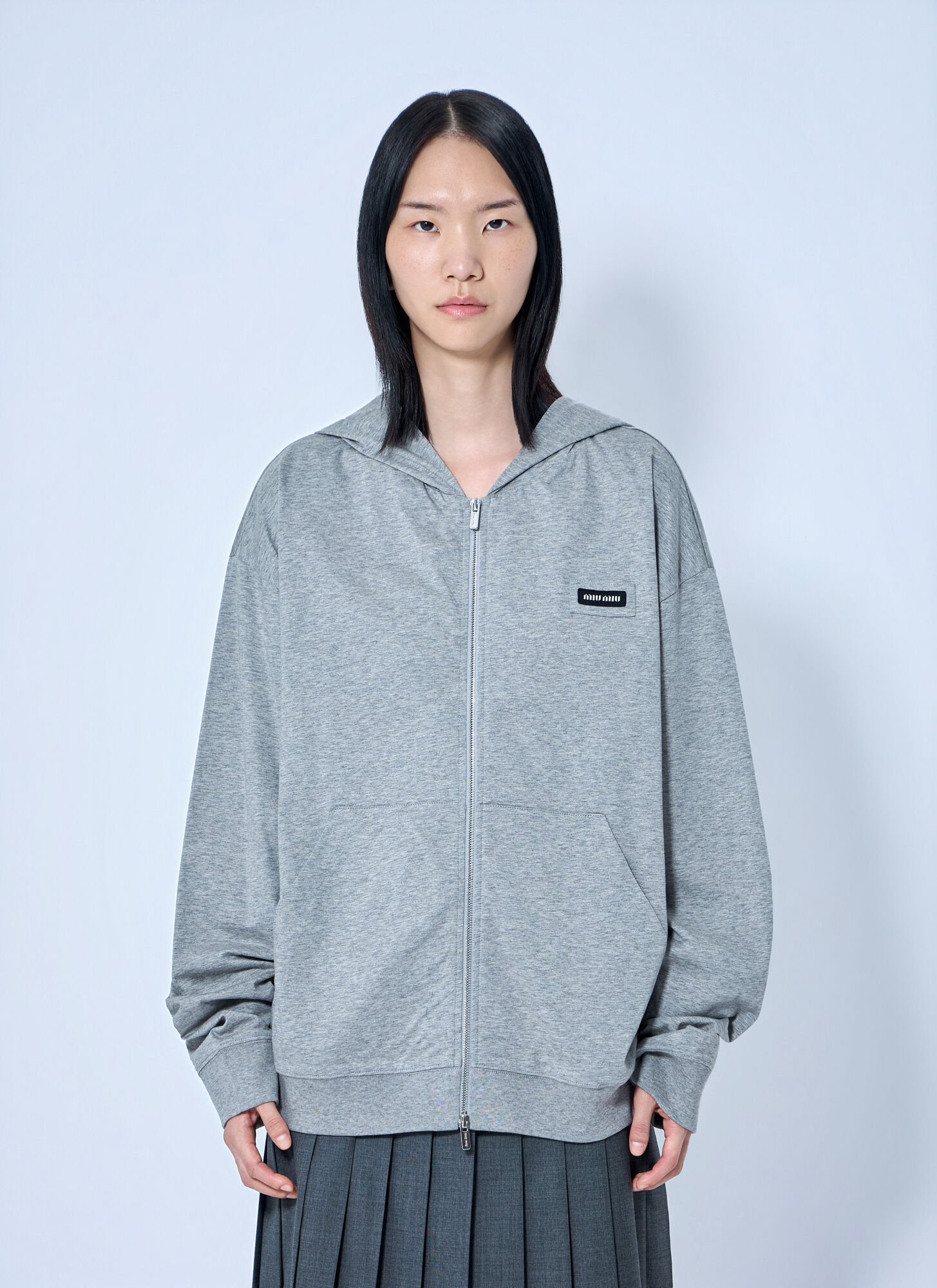 Miu Miu Donna Grigio Zip Hoodie With Patch Detail - Woman Sweatshirts S