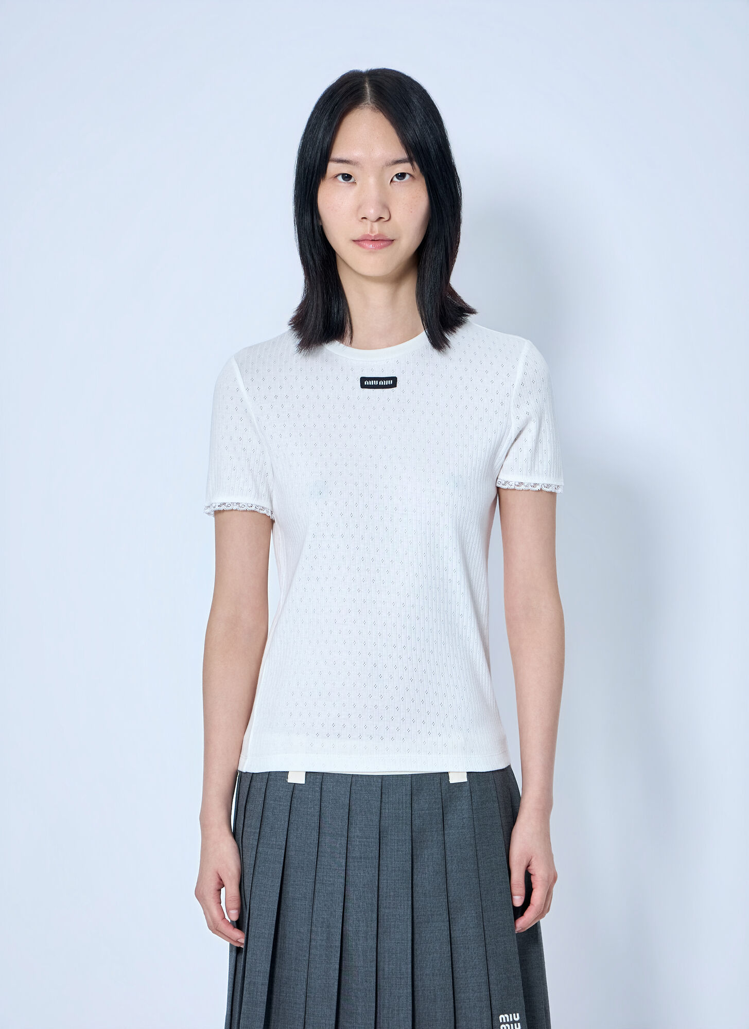 Miu Miu Women's White Lace-Trim Logo-Patch T-Shirt - Woman T-Shirts Xs