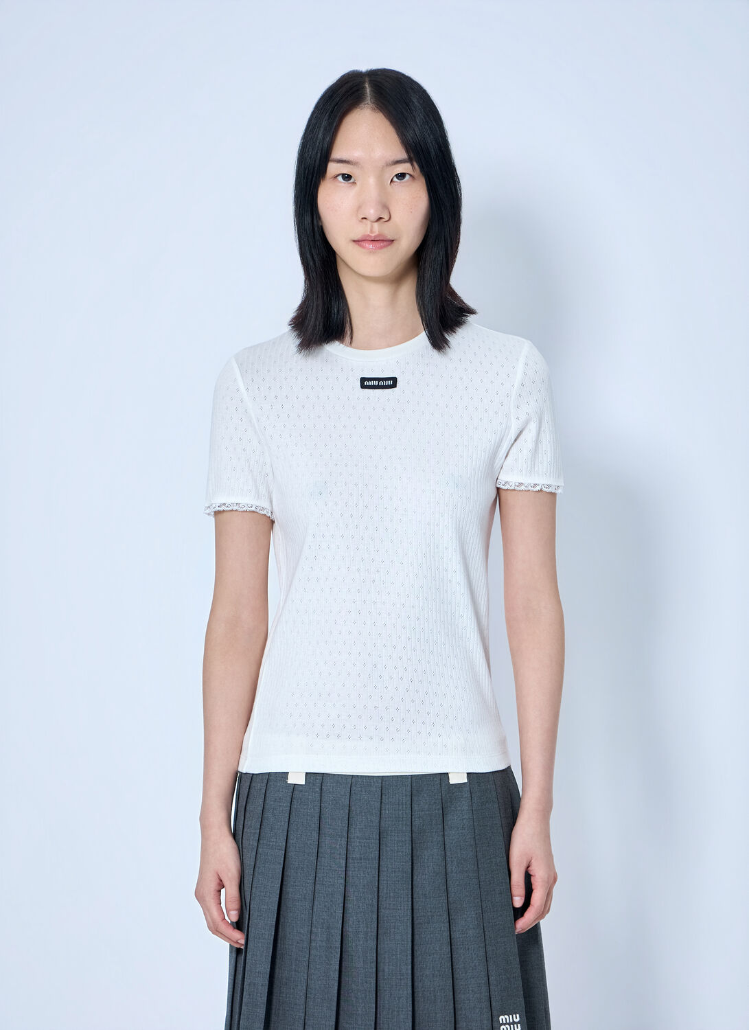Miu Miu Lace-trim Logo-patch T-shirt - Woman T-shirts White Xs