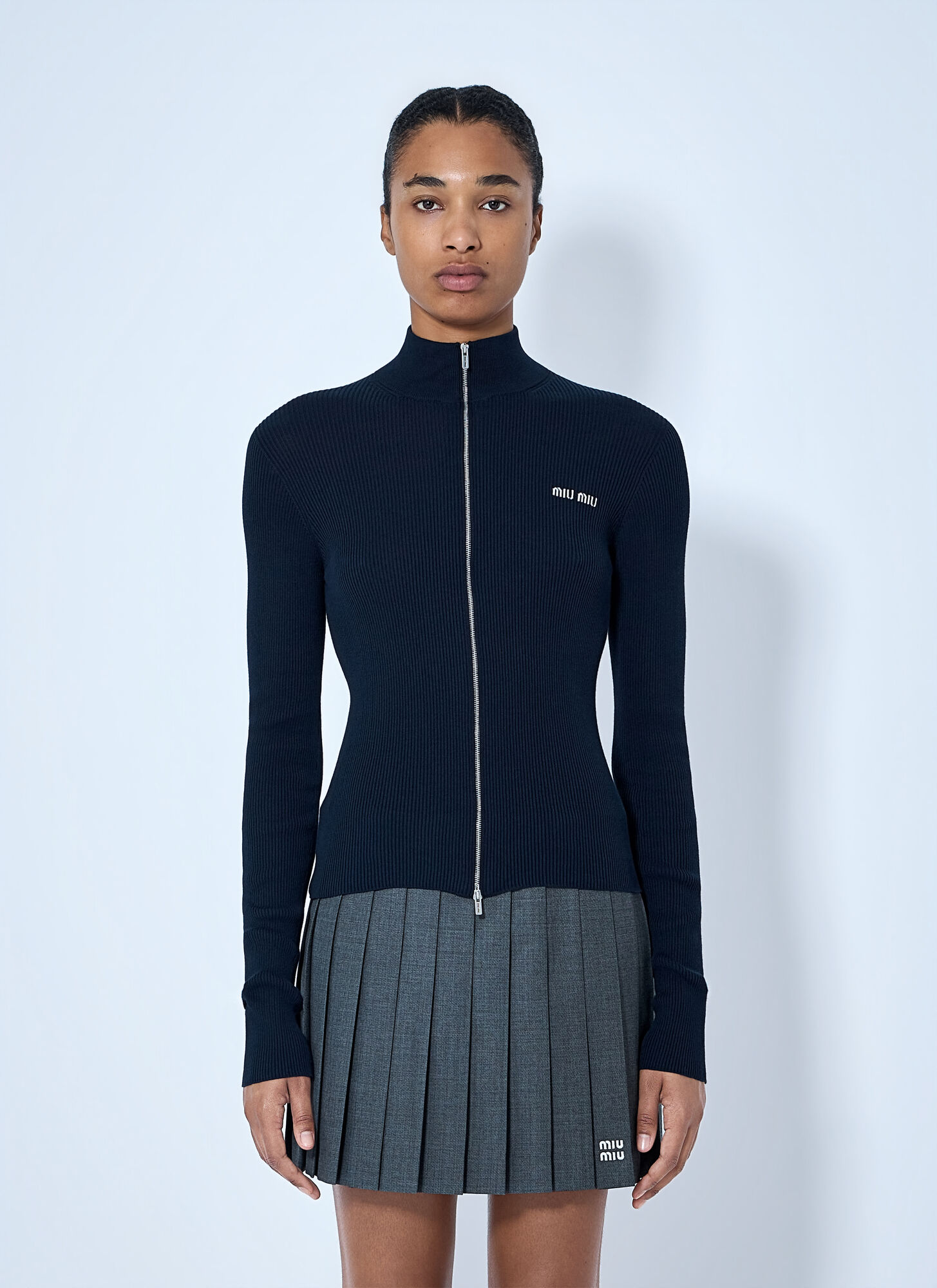 Miu Miu Women's Navy Ribbed-Knit Logo-Embroidered Cardigan - Woman Knitwear It - 42