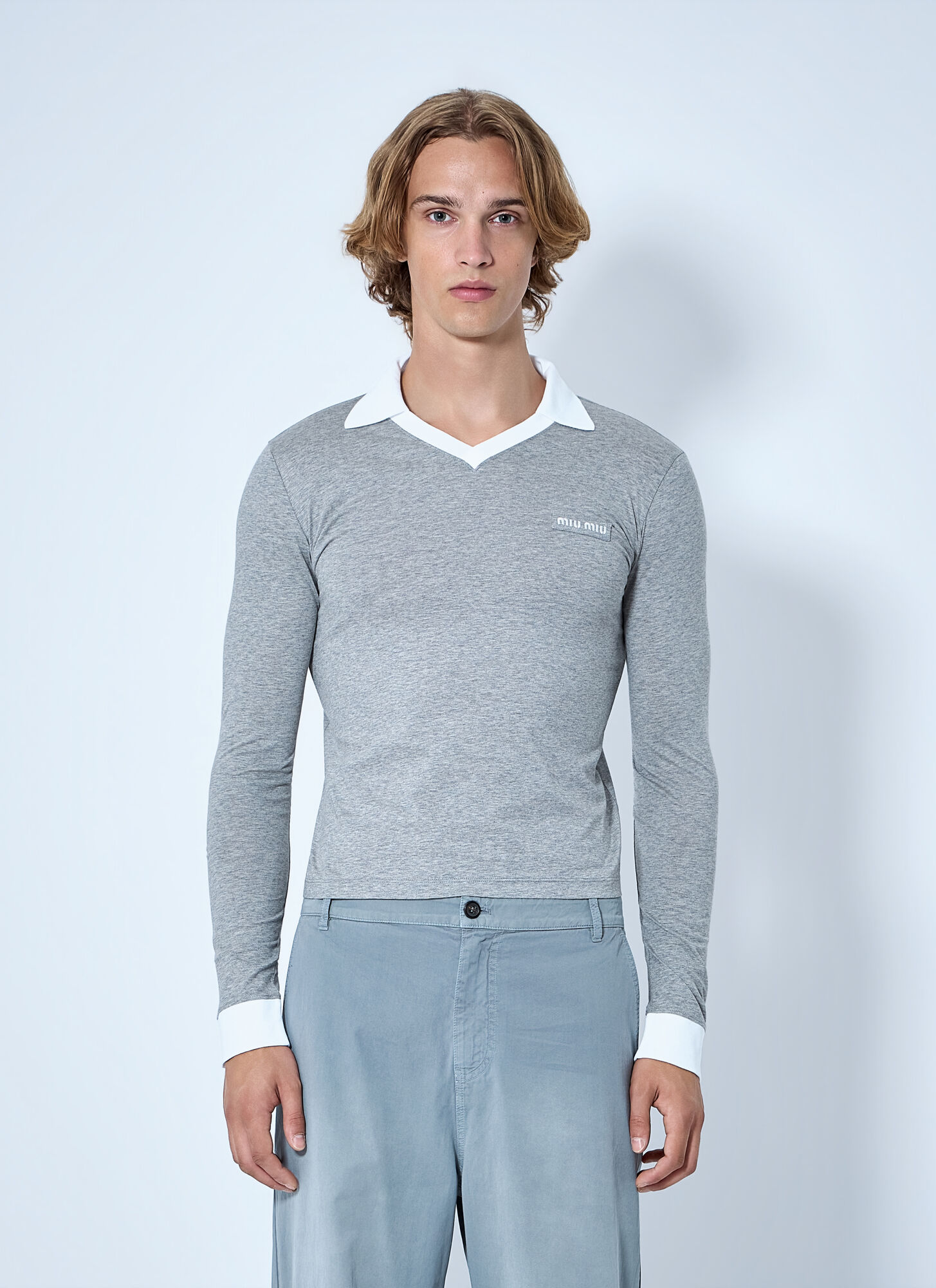 Miu Miu Miu Miu Collared Long Sleeve Knit Sweater -  Knitwear Grey Xs　ミュウミュウ 襟付き長袖ニットセーター - ニットウェア グレー Xs