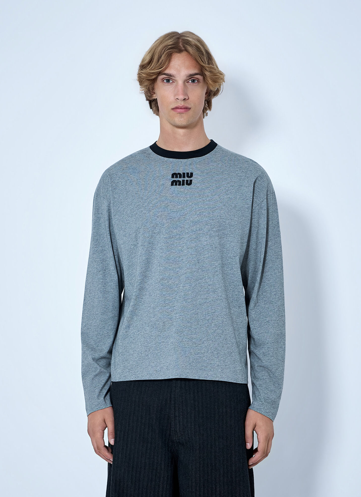 Miu Miu Logo Motif Long Sleeve T-shirt In Grey
