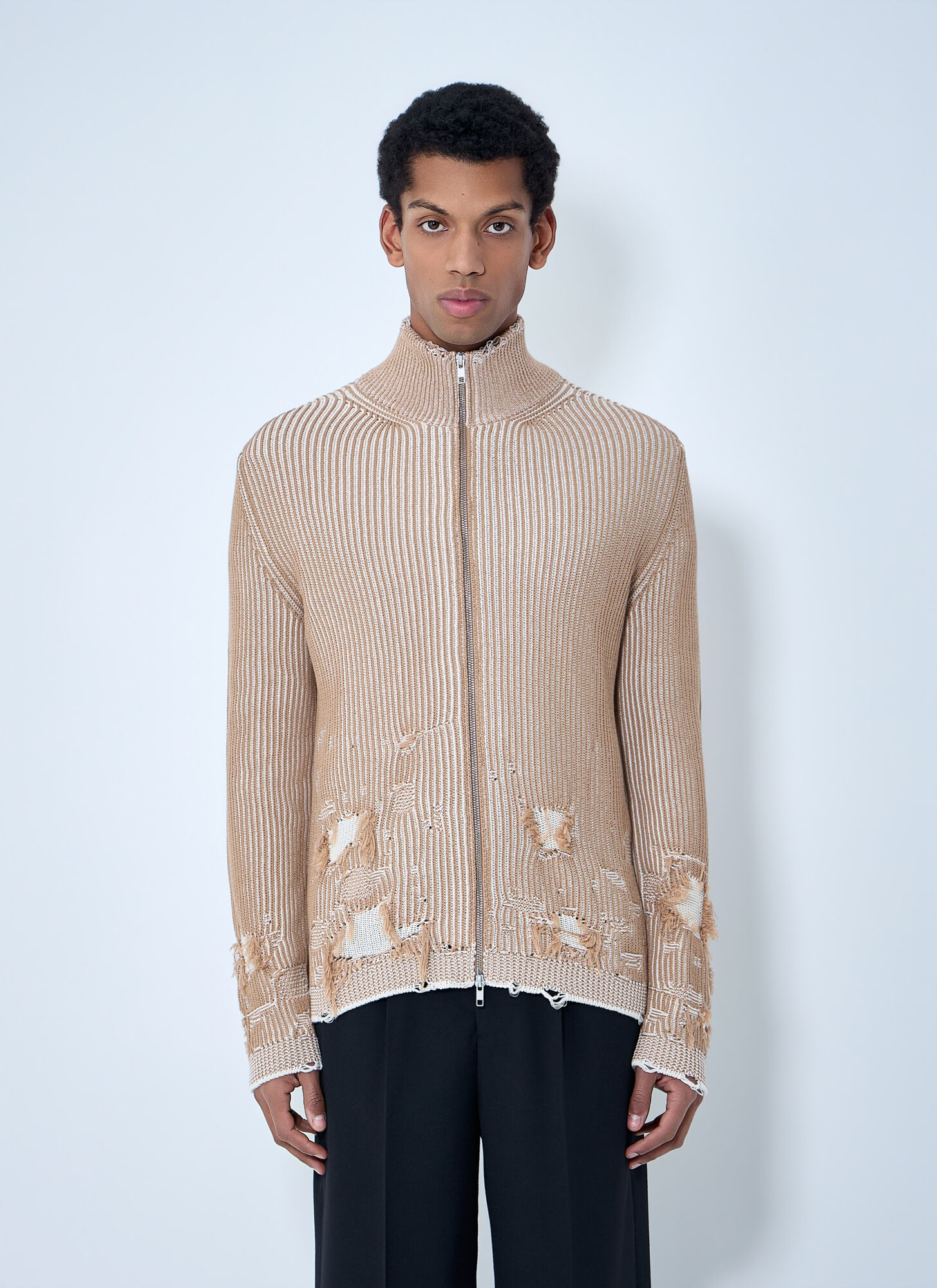 Mm6 Maison Margiela Men's Brown Distressed Ribbed High-Neck Sweater - Man Knitwear Xl