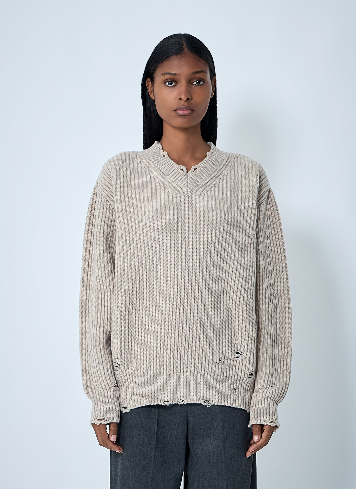 Mm6 Maison Margiela Women's Beige Distressed Sweater - Woman Knitwear S
