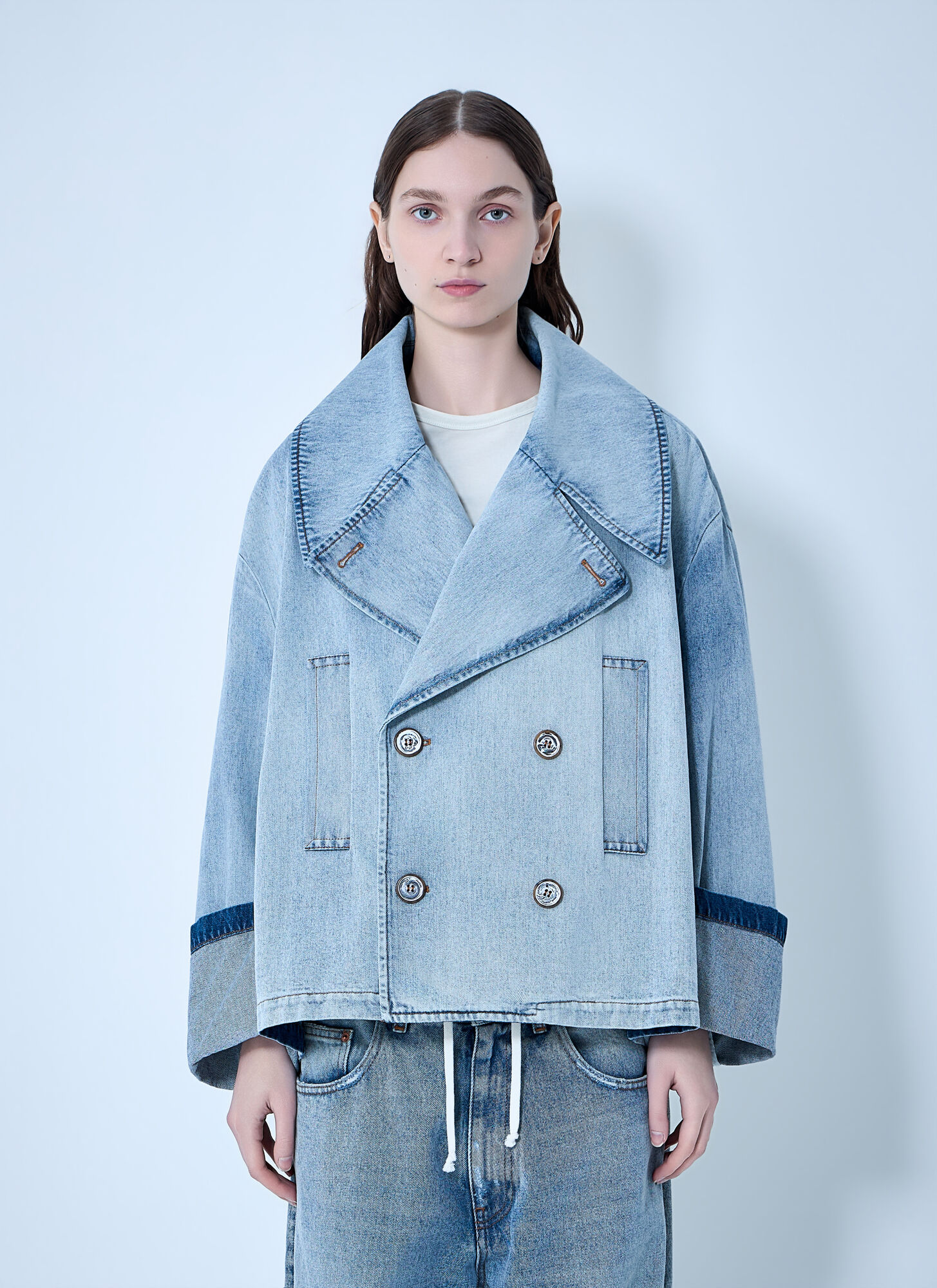 MM6 Maison Margiela Oversized Denim Peacoat - Woman Jackets Light Blue S MM6
