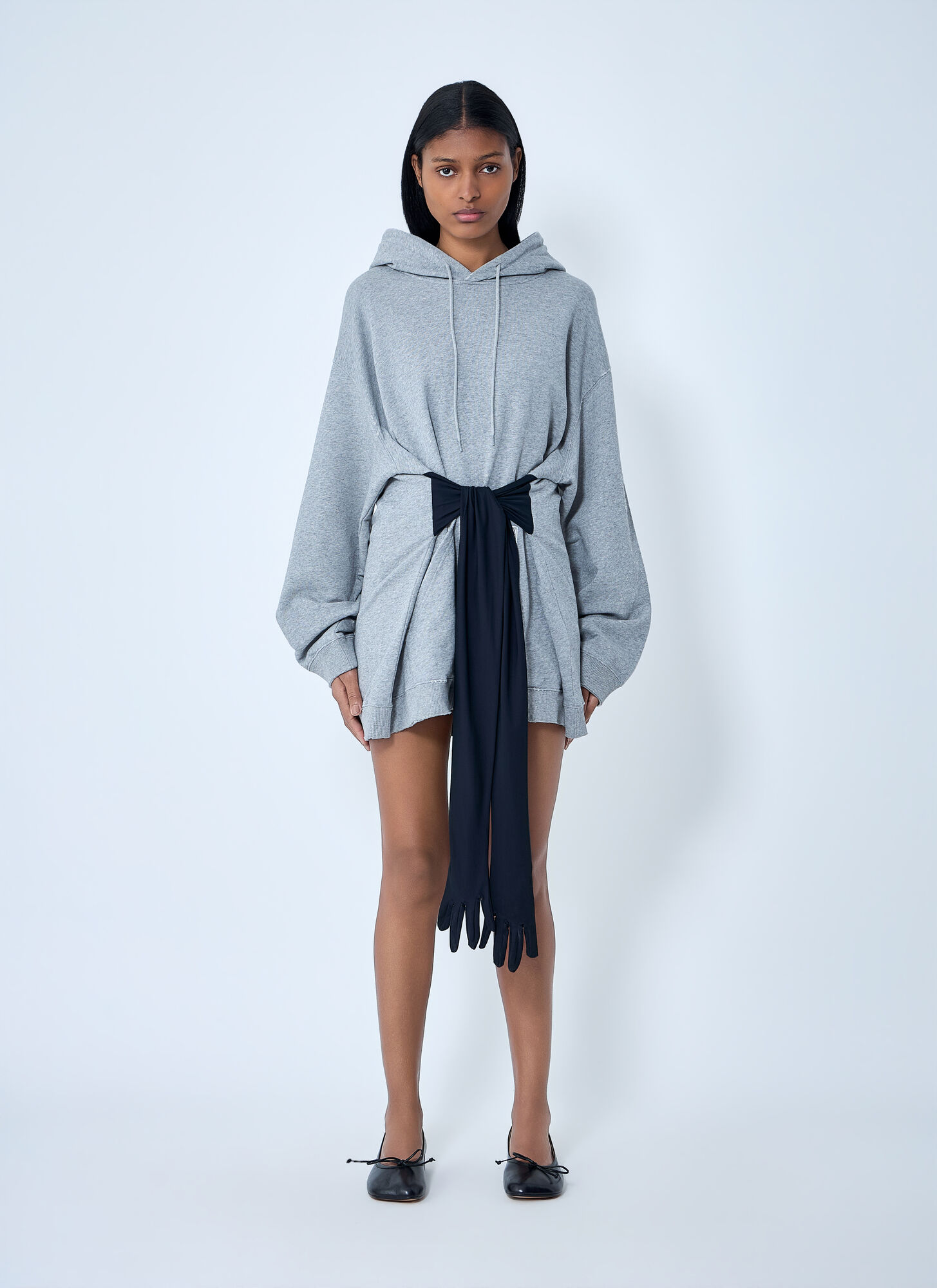 Mm6 Maison Margiela Women's Grey Hooded Sweatshirt With Attached Sash - Woman Dresses M