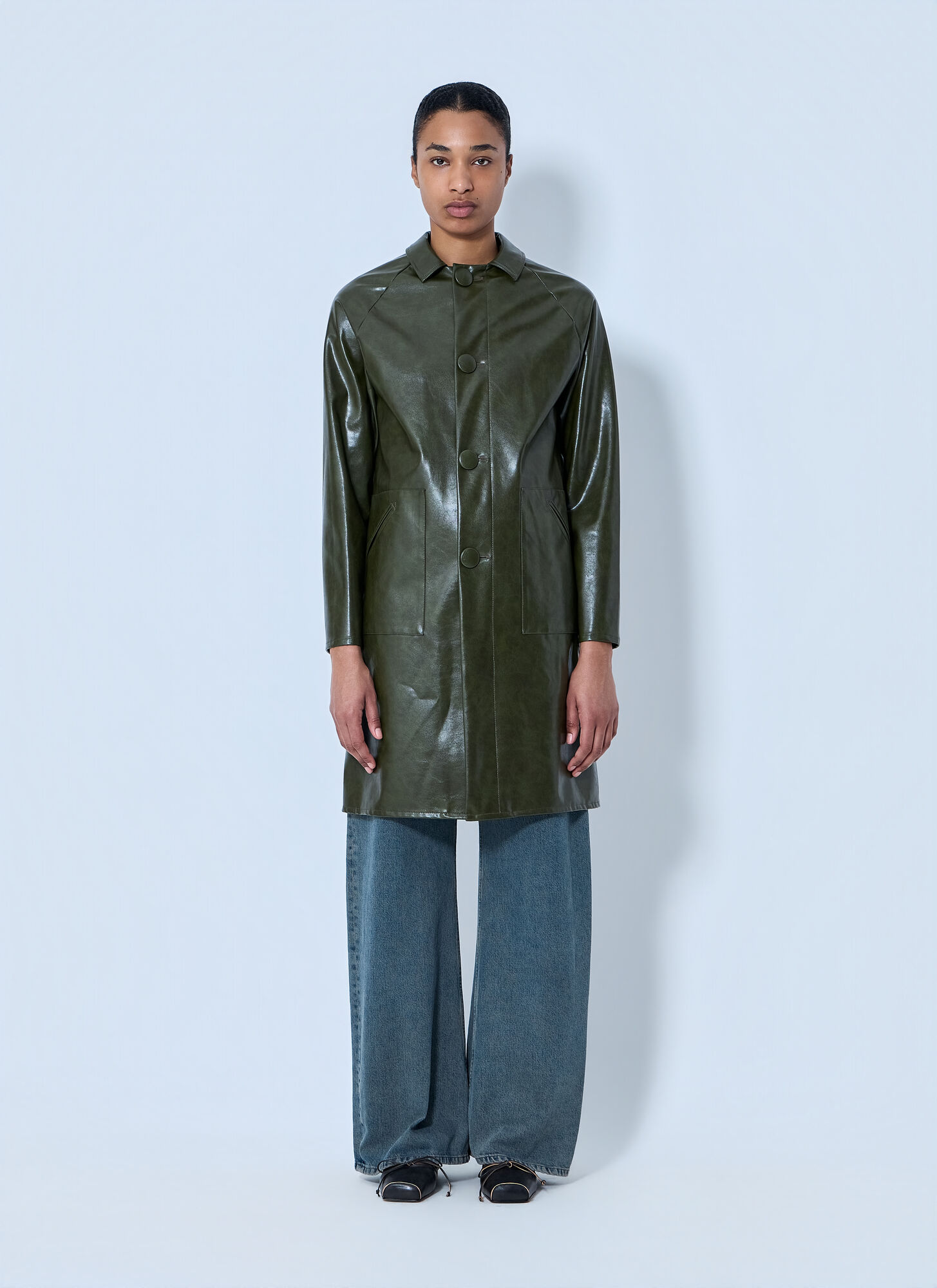 Mm6 Maison Margiela Donna Verde - Faux-Leather Button-Up Coat, Size: It - 42
