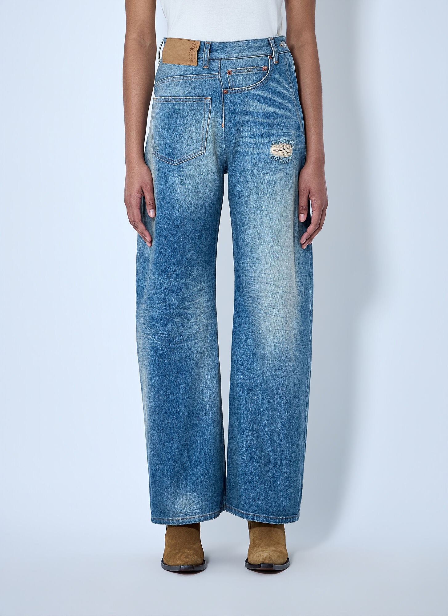 Mm6 Maison Margiela Women's Blue Wide-Leg Distressed Denim Jeans - Woman Jeans 26