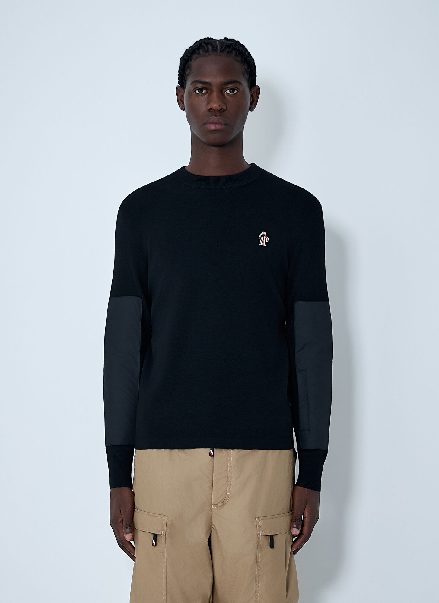 Moncler Grenoble Men's Black Crewneck Sweater With Nylon Sleeve Patches - Man Sweatshirts Xl