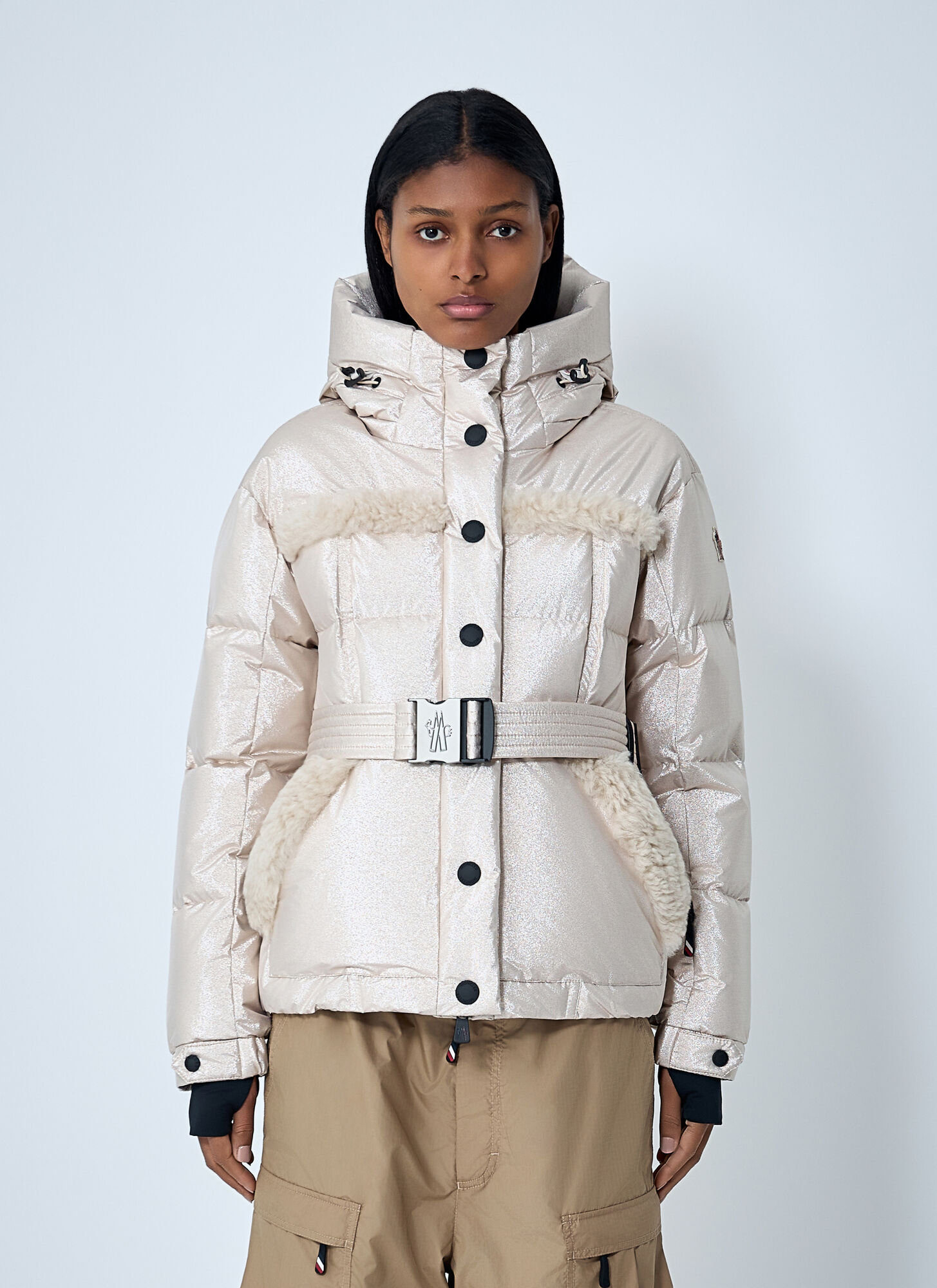 Moncler Belted Down Jacket With Faux Fur Trim In White