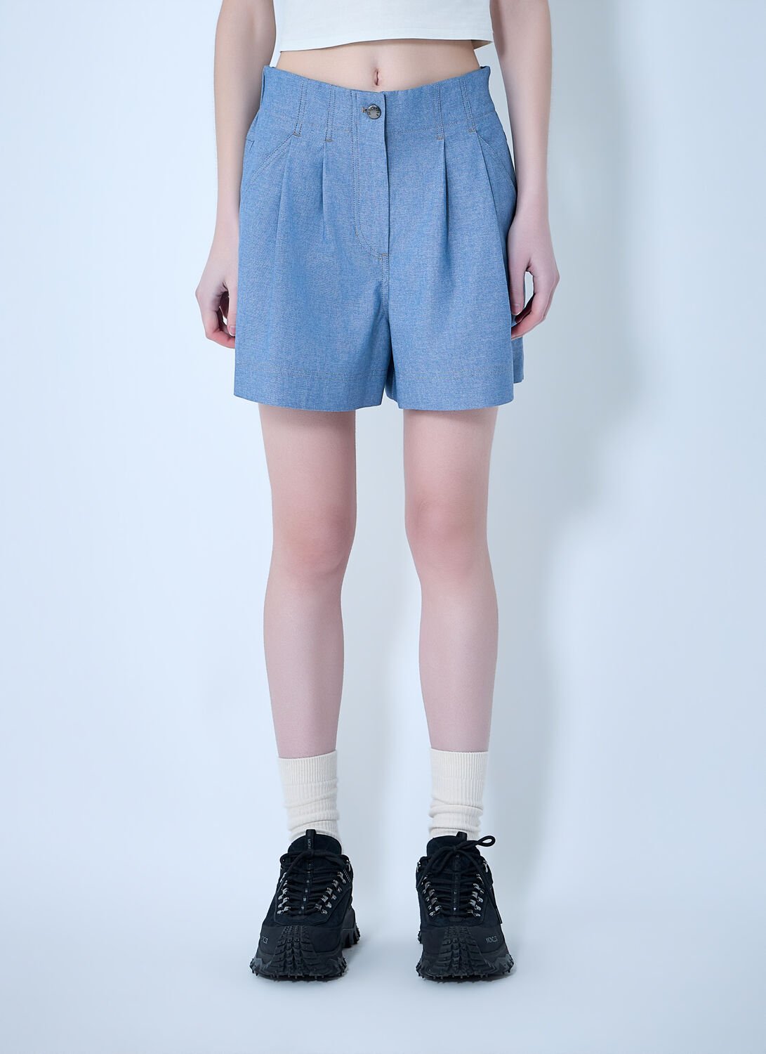 Moncler High-waisted Pleated Shorts In Blue