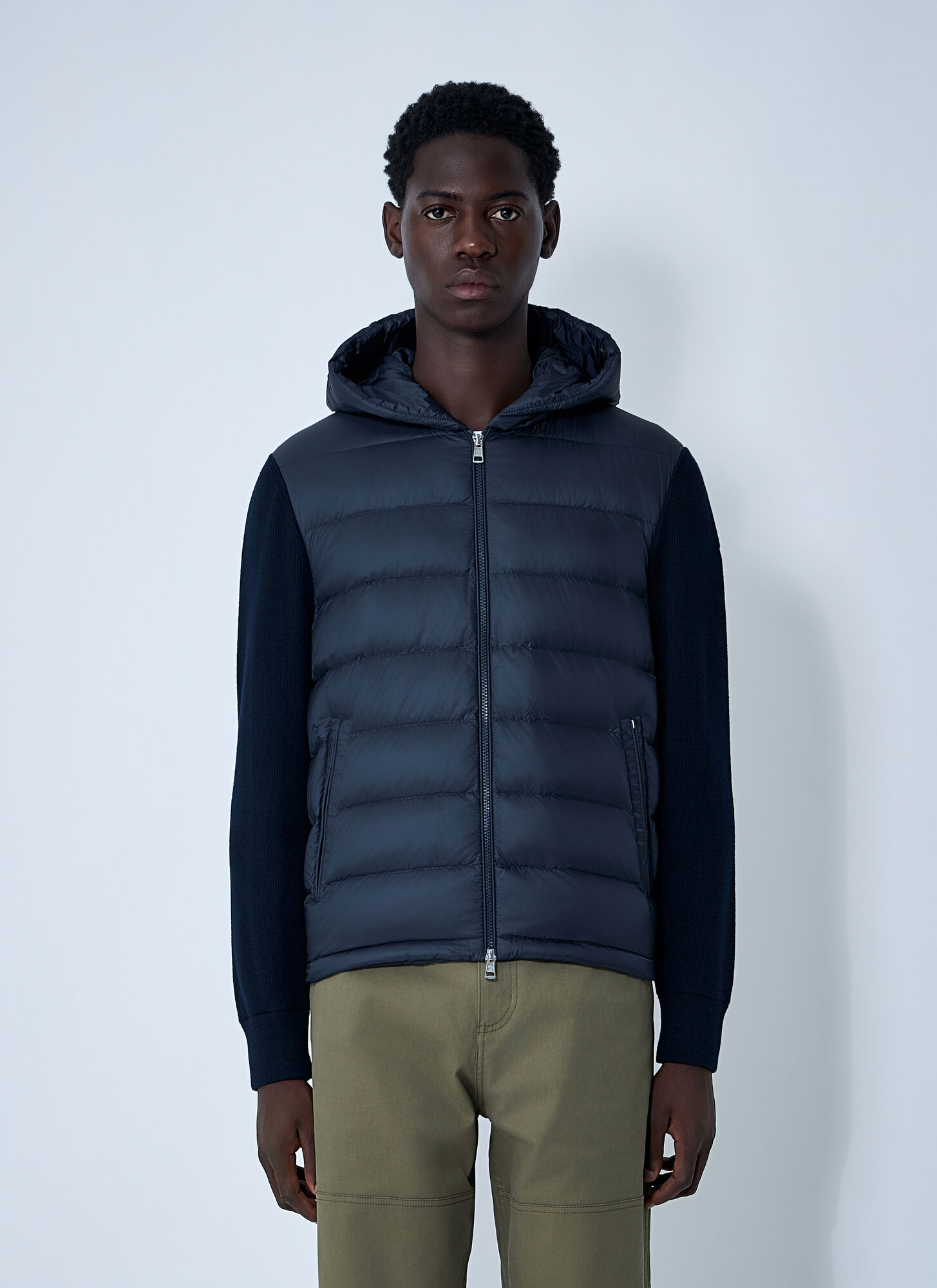 Moncler Navy Blue Padded Wool Zip-up Hoodie In Blue