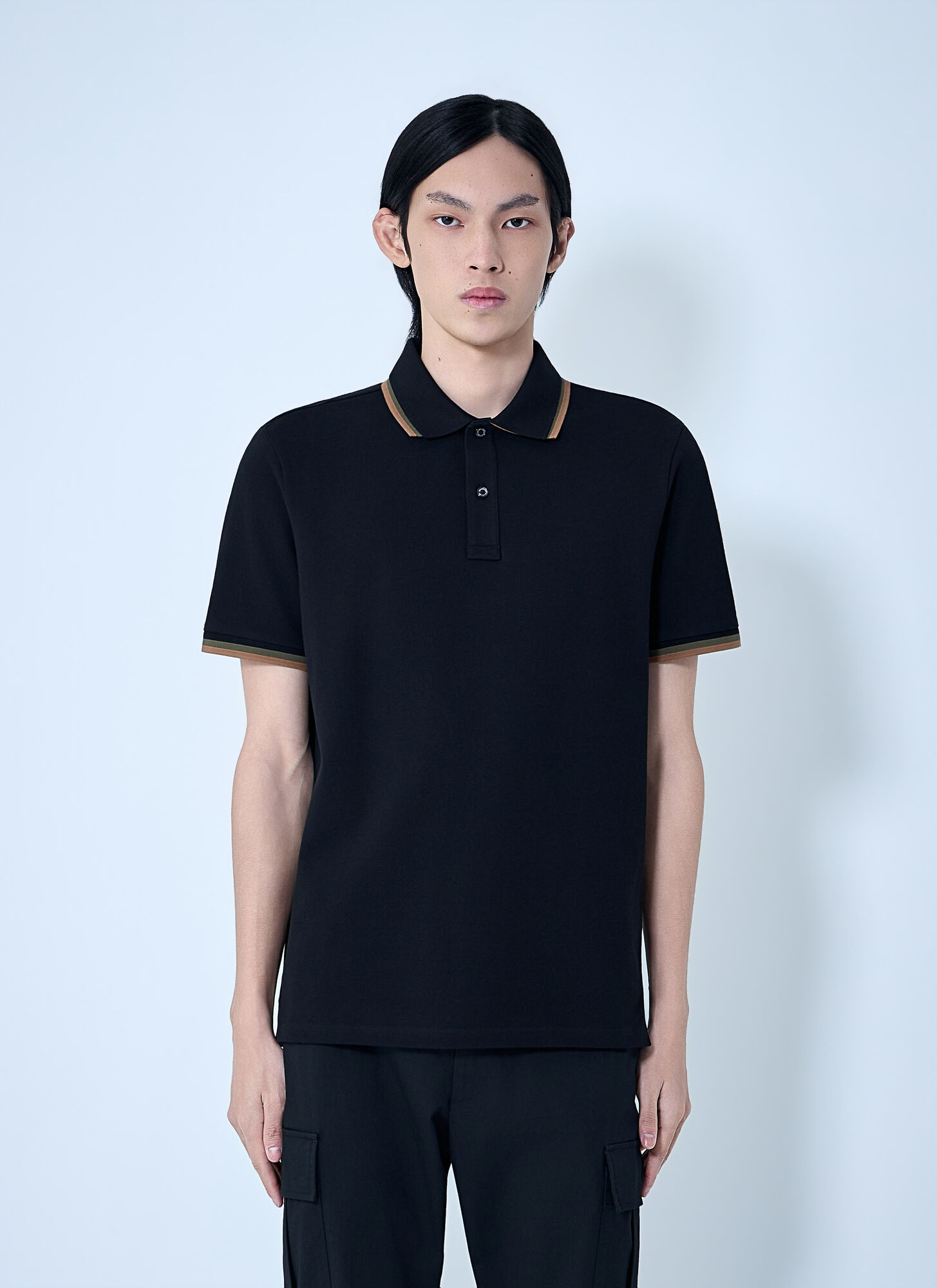 Moncler Men's Black Polo Shirt With Ribbed Trims - Man Polo Shirts M