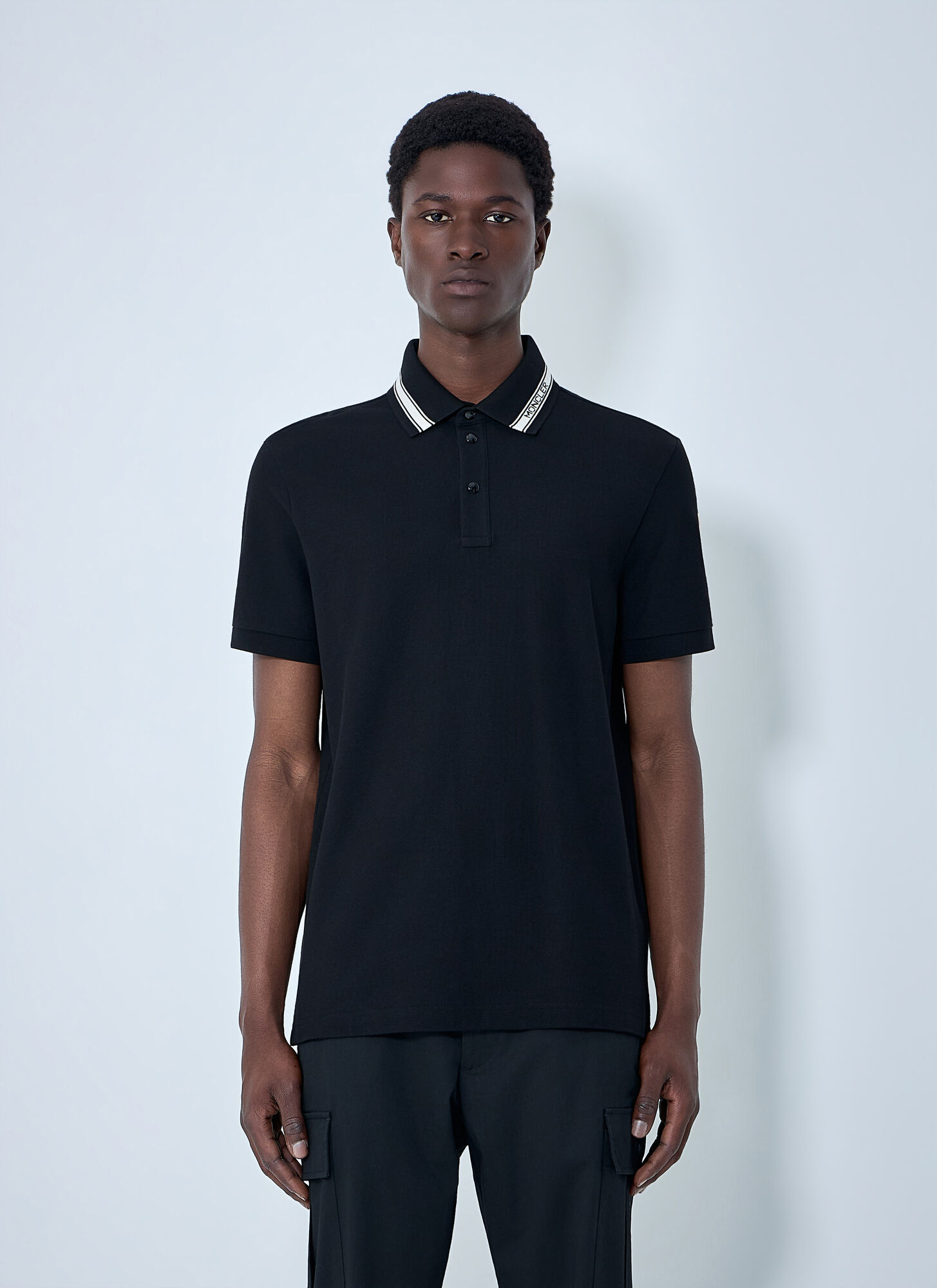 Moncler Men's Black Striped Collar Polo Shirt - Man Polo Shirts M
