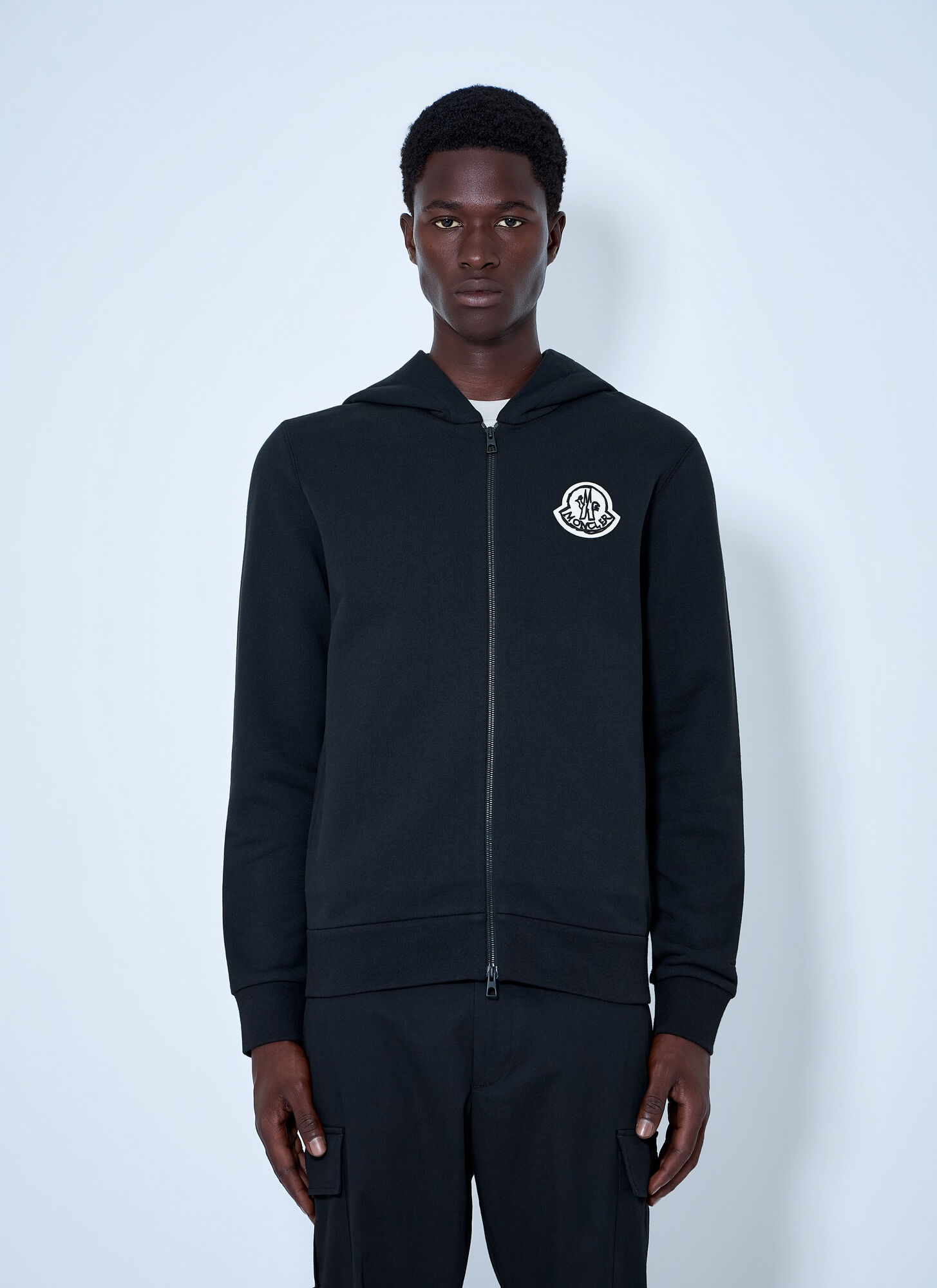 Moncler Men's Black Zip Hoodie With Logo Patch - Man Knitwear S