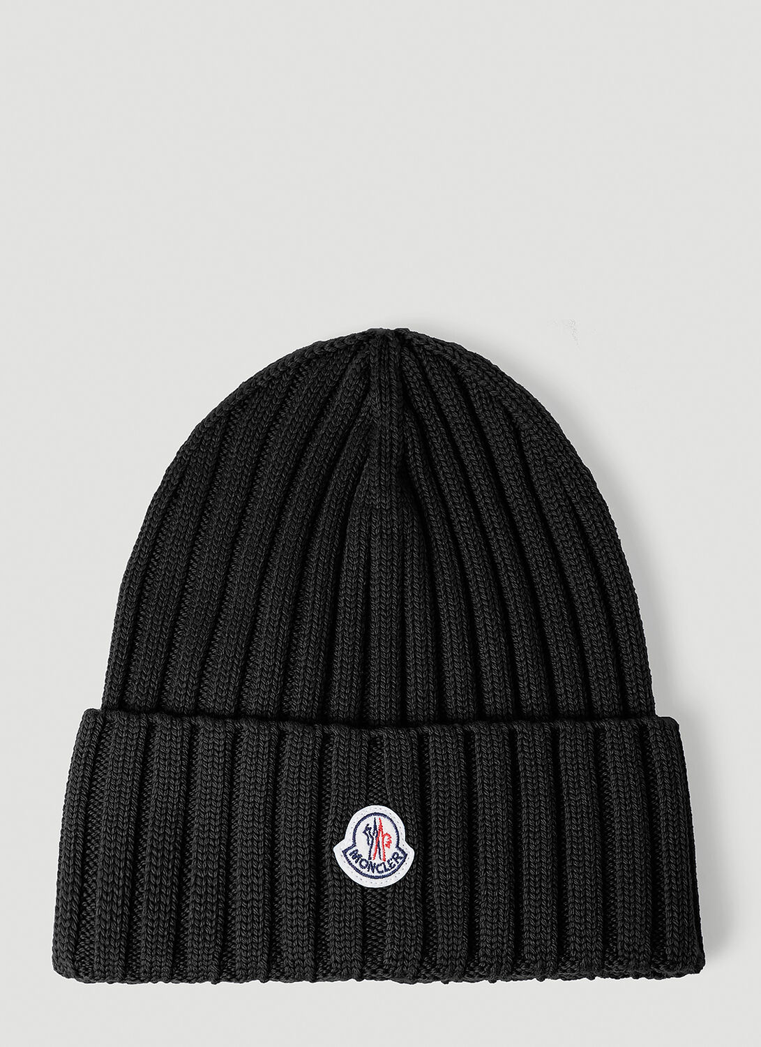Moncler Logo Patch Beanie Hat In Black