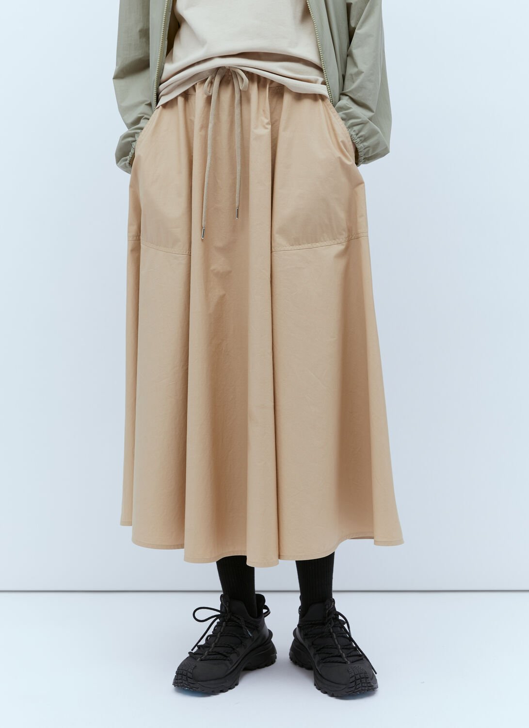 Shop Moncler Poplin Midi Skirt In Beige
