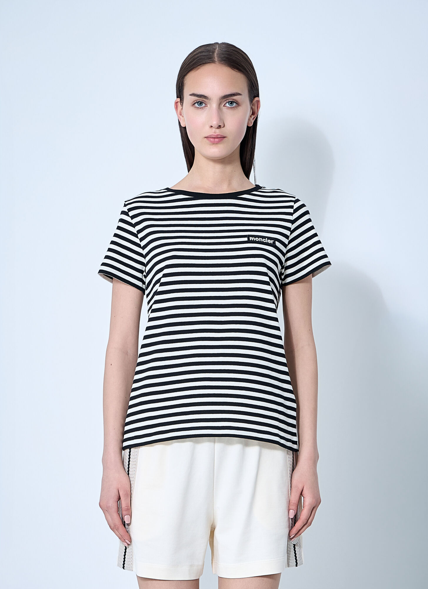 Moncler Women's Black Striped Logo Motif T-Shirt - Woman T-Shirts Xs