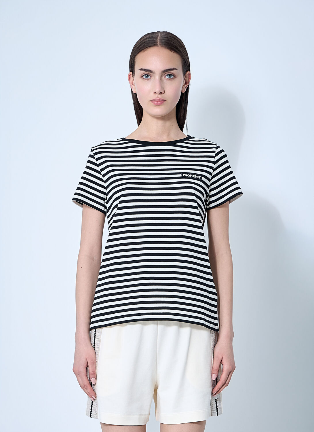 Moncler Black And White T-shirt With All-over Striped Motif And Logo Patch On The Chest In Cotton Wo In Black