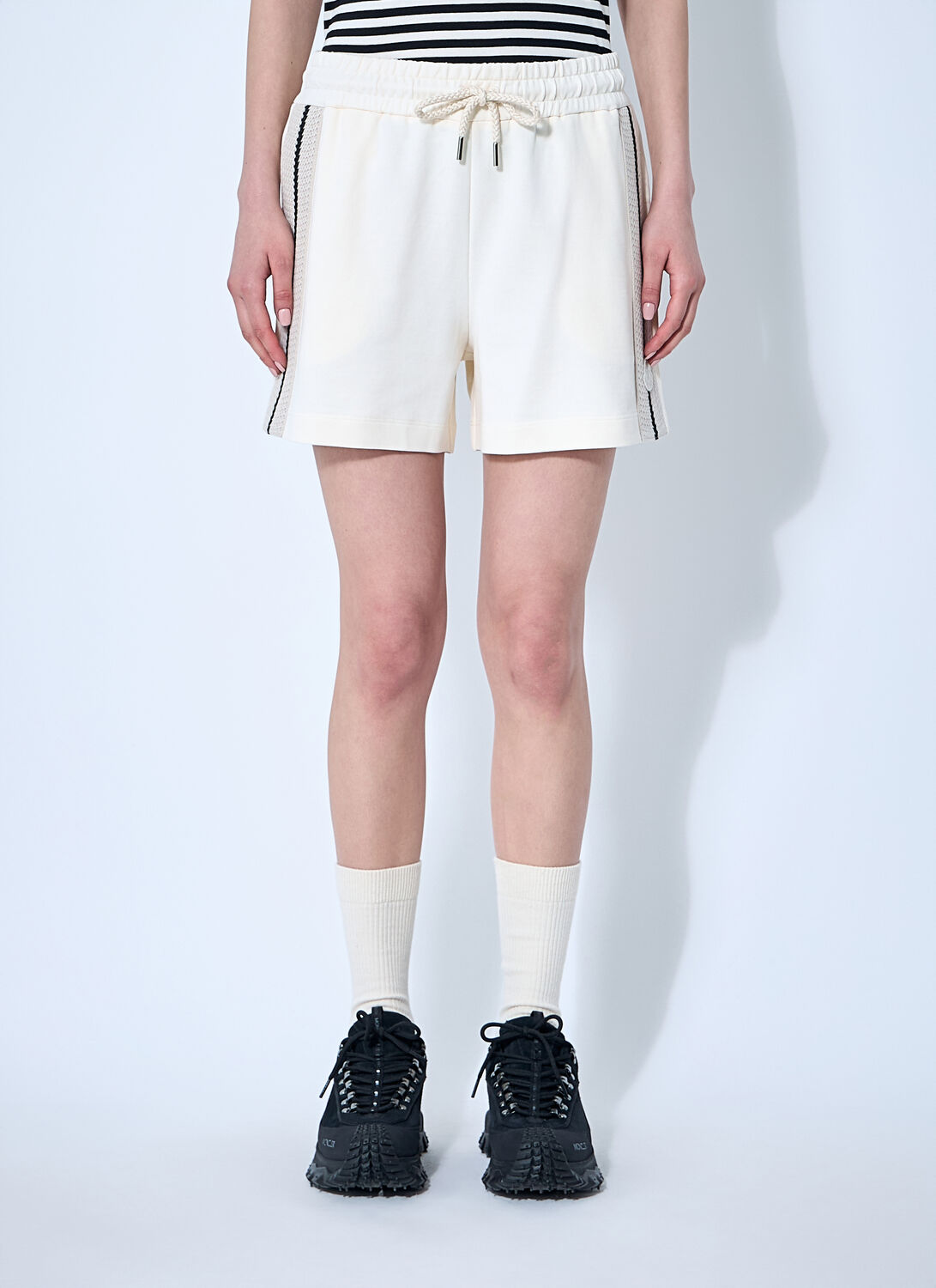 Shop Moncler Logo Patch Track Shorts In Beige