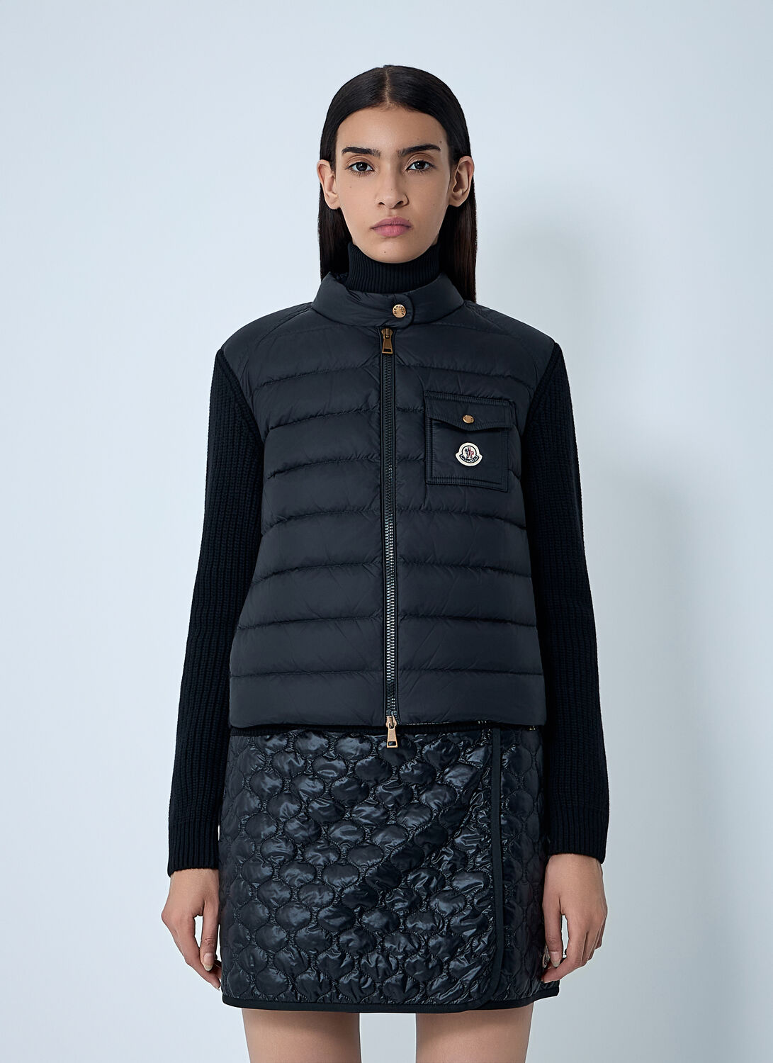 Moncler Long Sleeve Ribbed Cardigan With Padded Front In Black