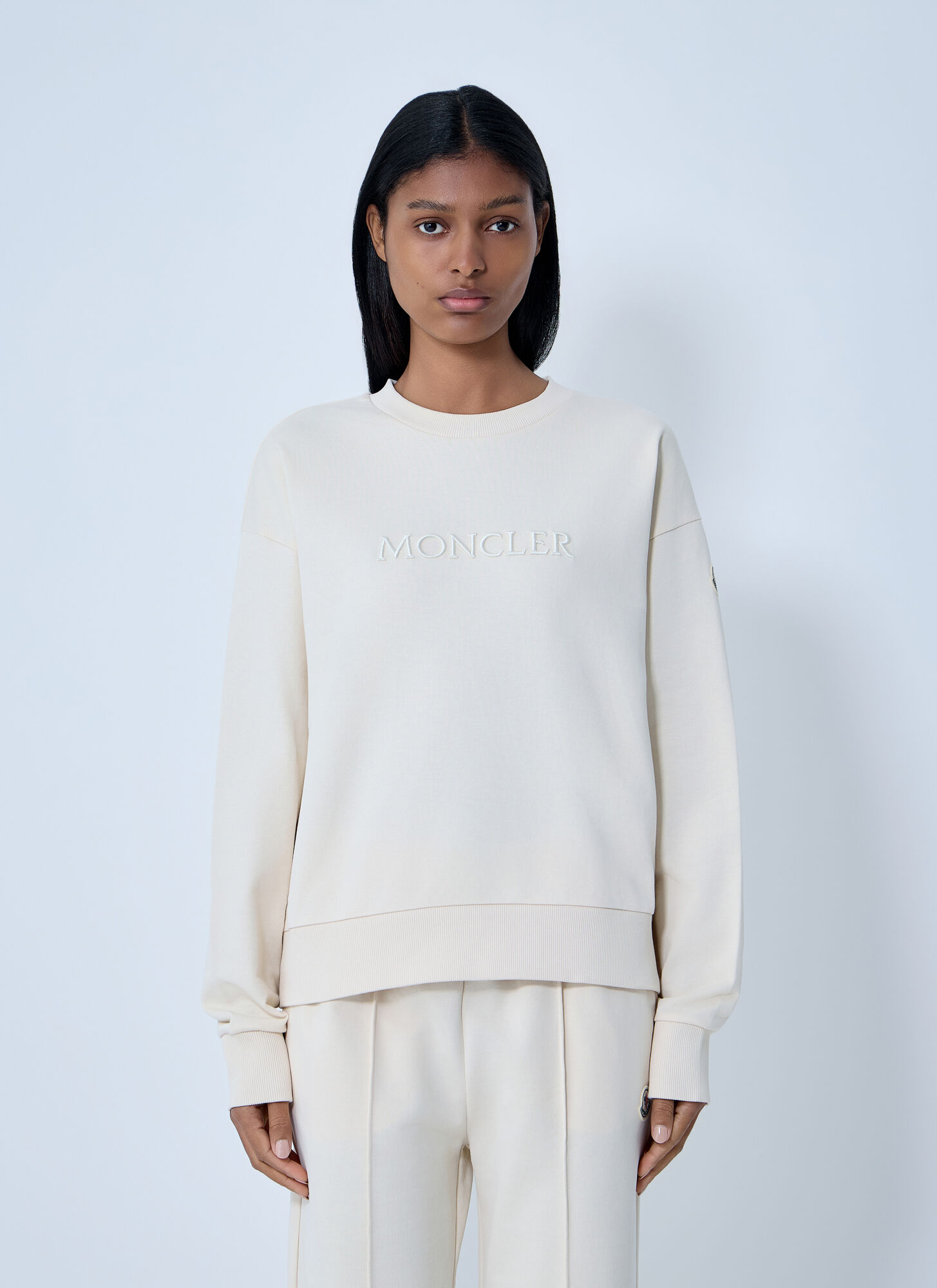 Moncler Women's Cream Logo Motif Sweatshirt - Woman Sweatshirts S