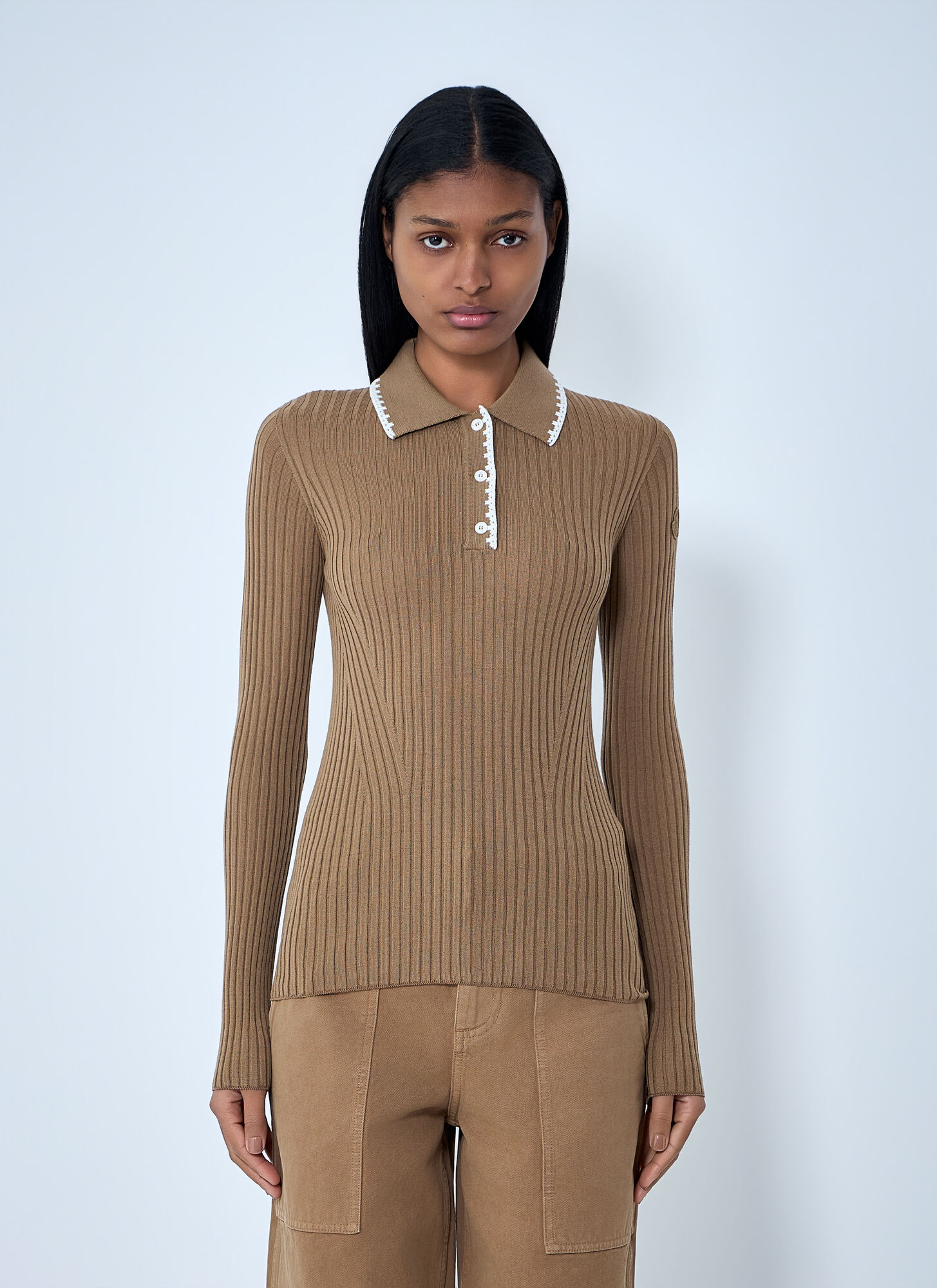 Moncler Women's Brown Ribbed Knit Collared Top - Woman Tops Xs