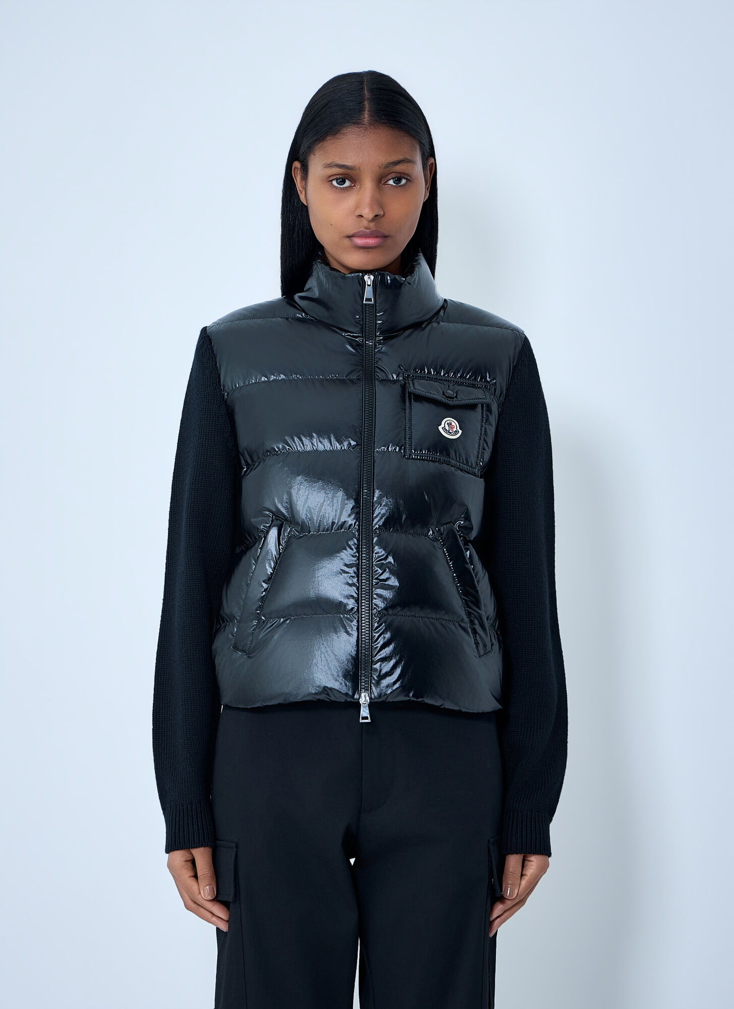 Moncler Women's Black Quilted Down Gilet With Knit Sleeves - Woman Jackets M