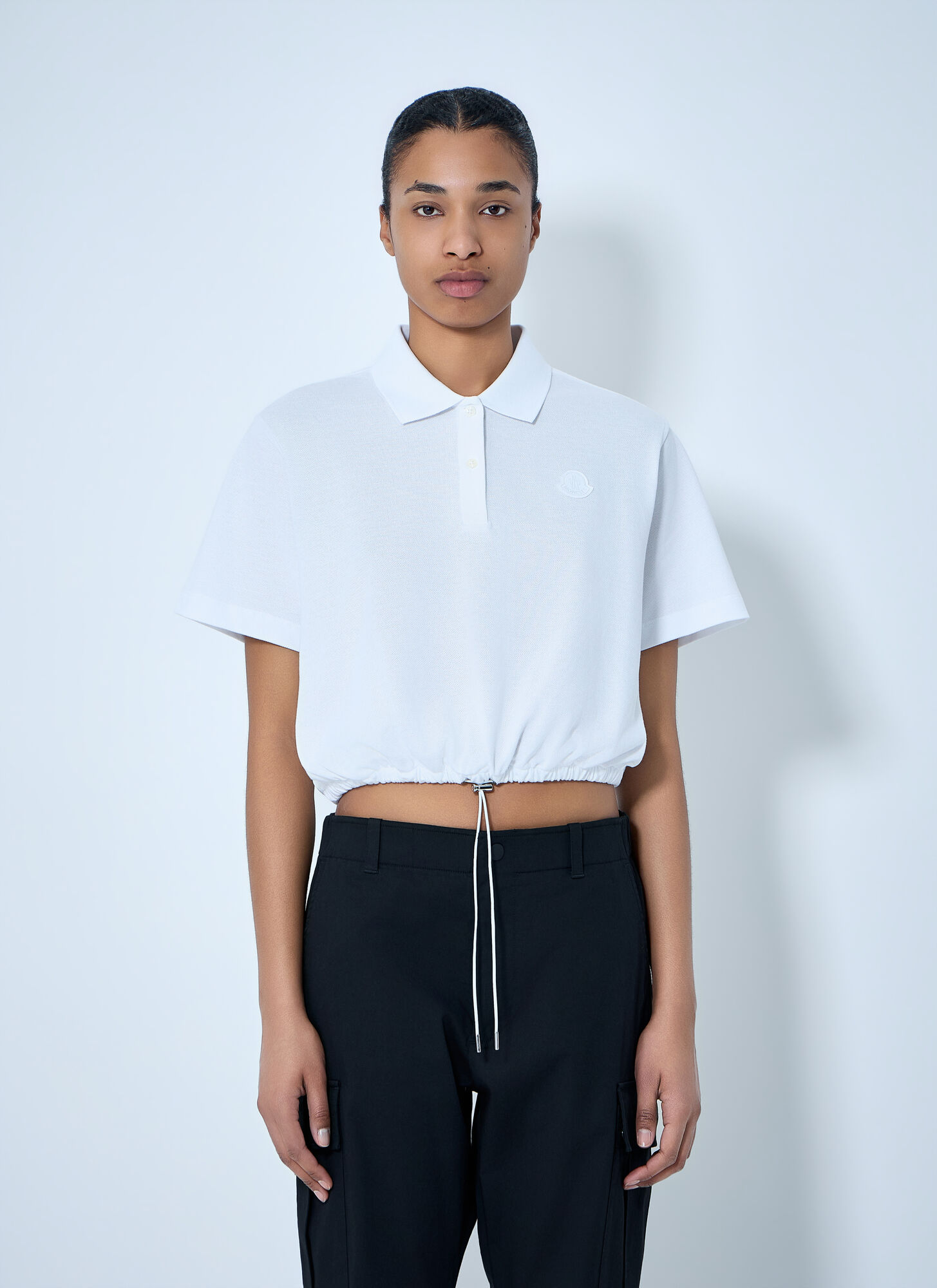 Moncler Women's White Cropped Drawstring Polo Shirt - Woman Tops S