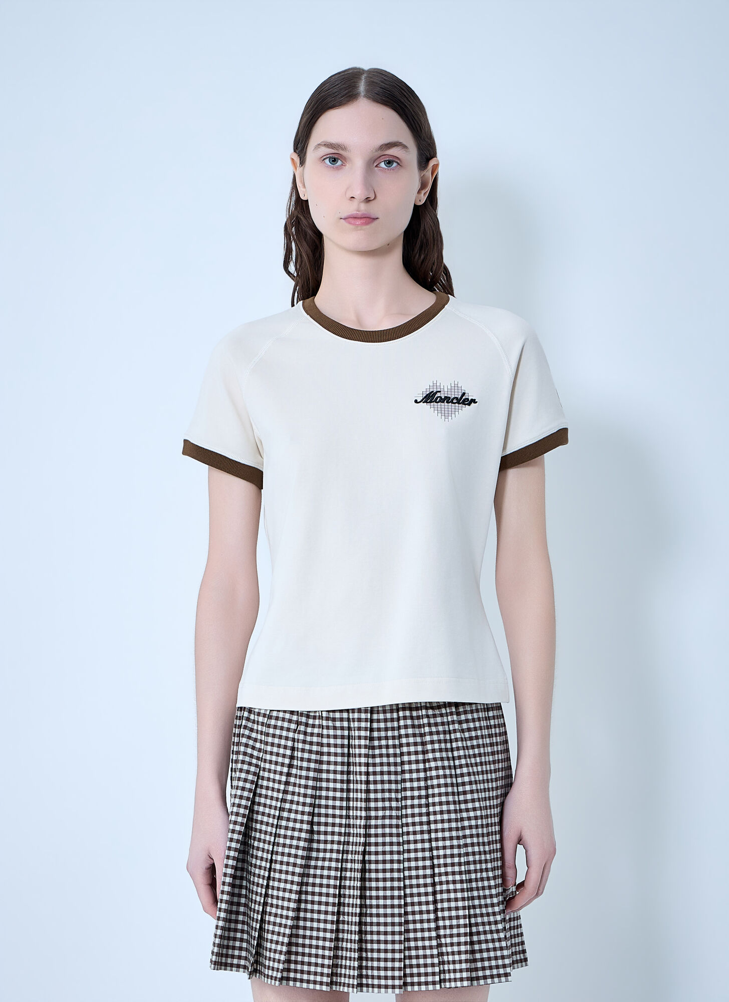Moncler Women's Beige Ringer T-Shirt With Embroidered Detail - Woman T-Shirts Xs