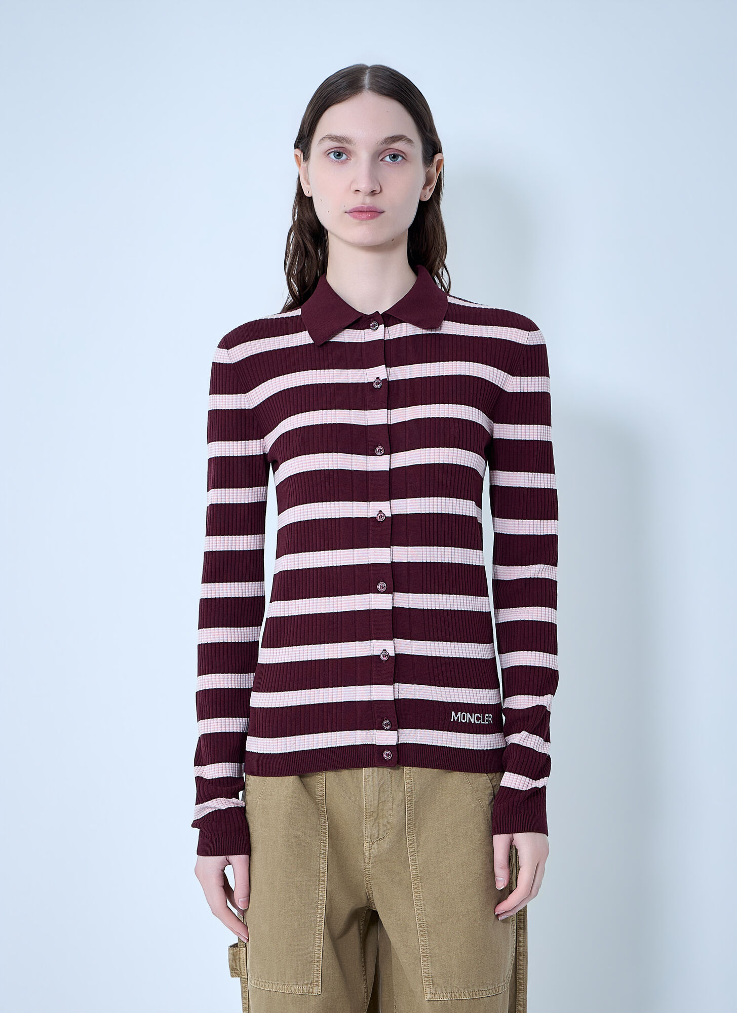 Moncler Women's Pink Ribbed Knit Striped Cardigan - Woman Knitwear Xs