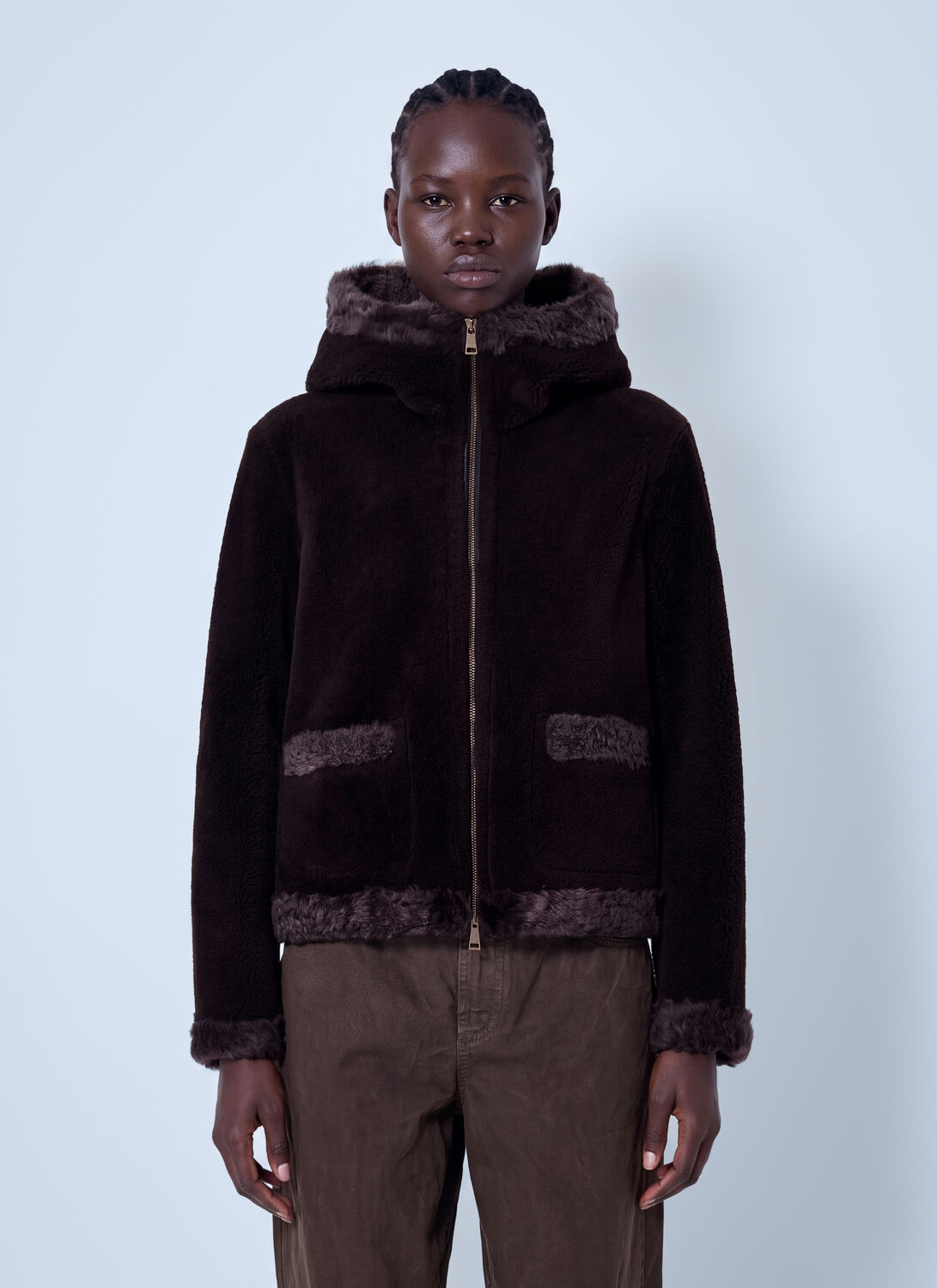 Moncler Leuctre Hooded Shearling Short Down Jacket - Woman Jackets Dark Brown 0