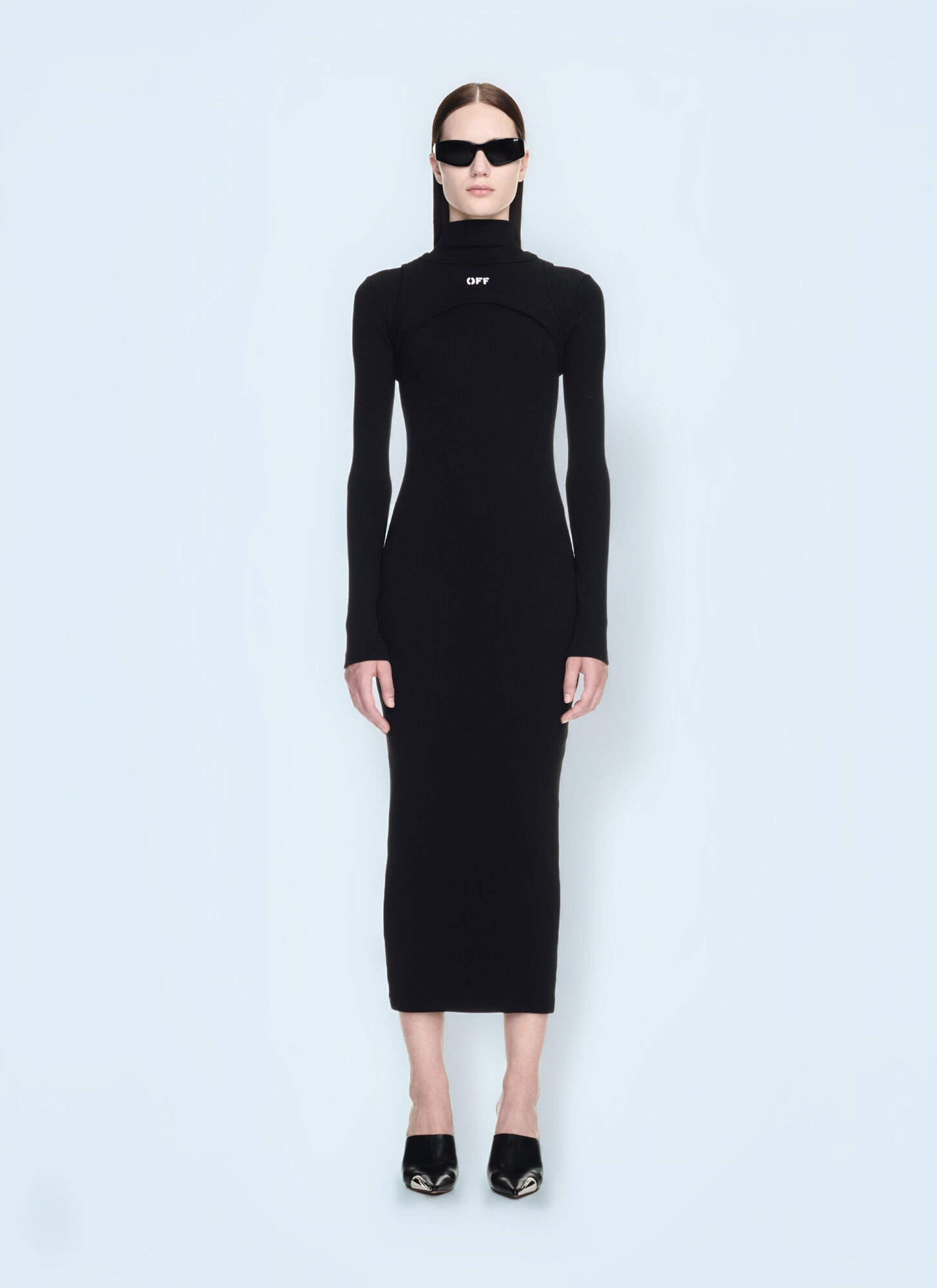 Off-white Ribbed Texture Midi Dress With High Neckline In Black