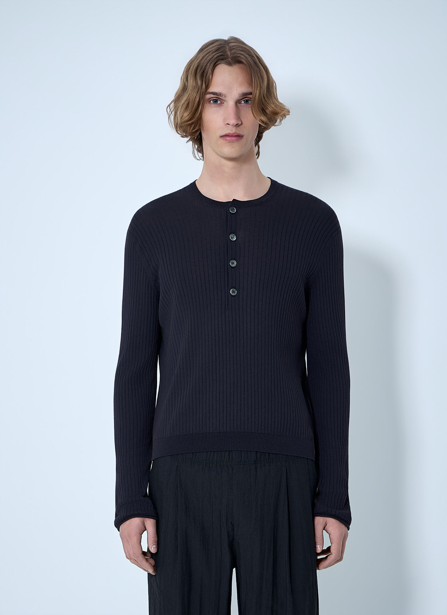 Our Legacy Men's Black Fine Knit Cotton Crepe Henley - Man T-Shirts Eu - 50