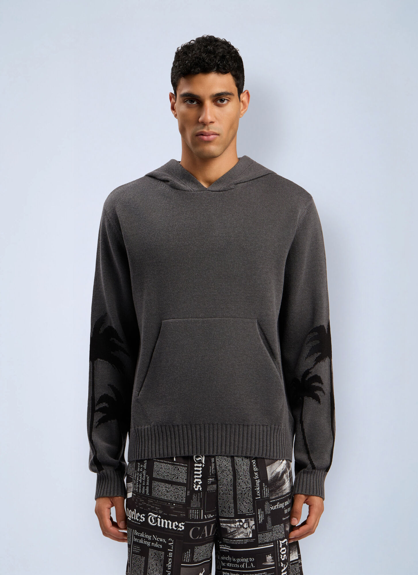 Palm Angels Men's Grey Back Palms Knit Hooded Sweatshirt - Man Sweatshirts Xxs