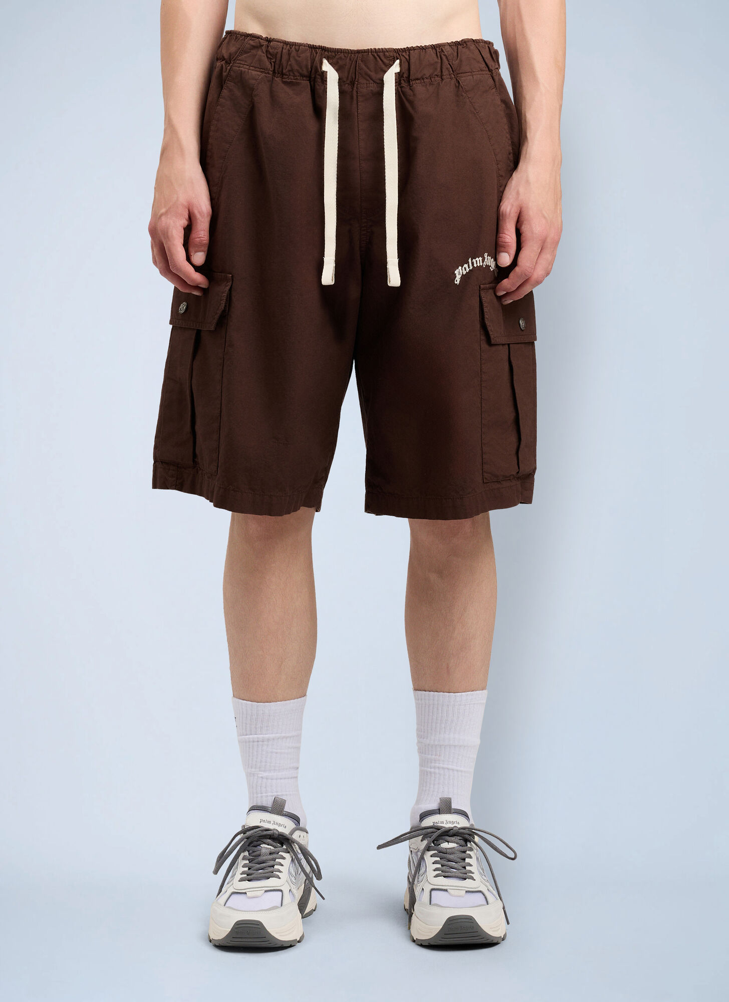 Palm Angels Curved Logo Loose Cargo Shorts - Man Shorts Brown It - 52　パーム・エンジェルス カーブ ロゴ ルーズ カーゴ ショーツ - マン ショーツ ブラウン It - 52 Palm