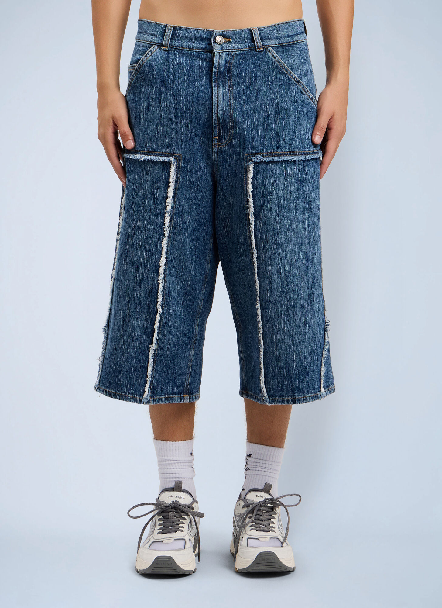 Palm Angels Curved Logo Skater Shorts - Man Shorts Blue 30　Palm Angels カーブ ロゴ スケーター ショーツ - マン ショーツ ブルー 30 Palm