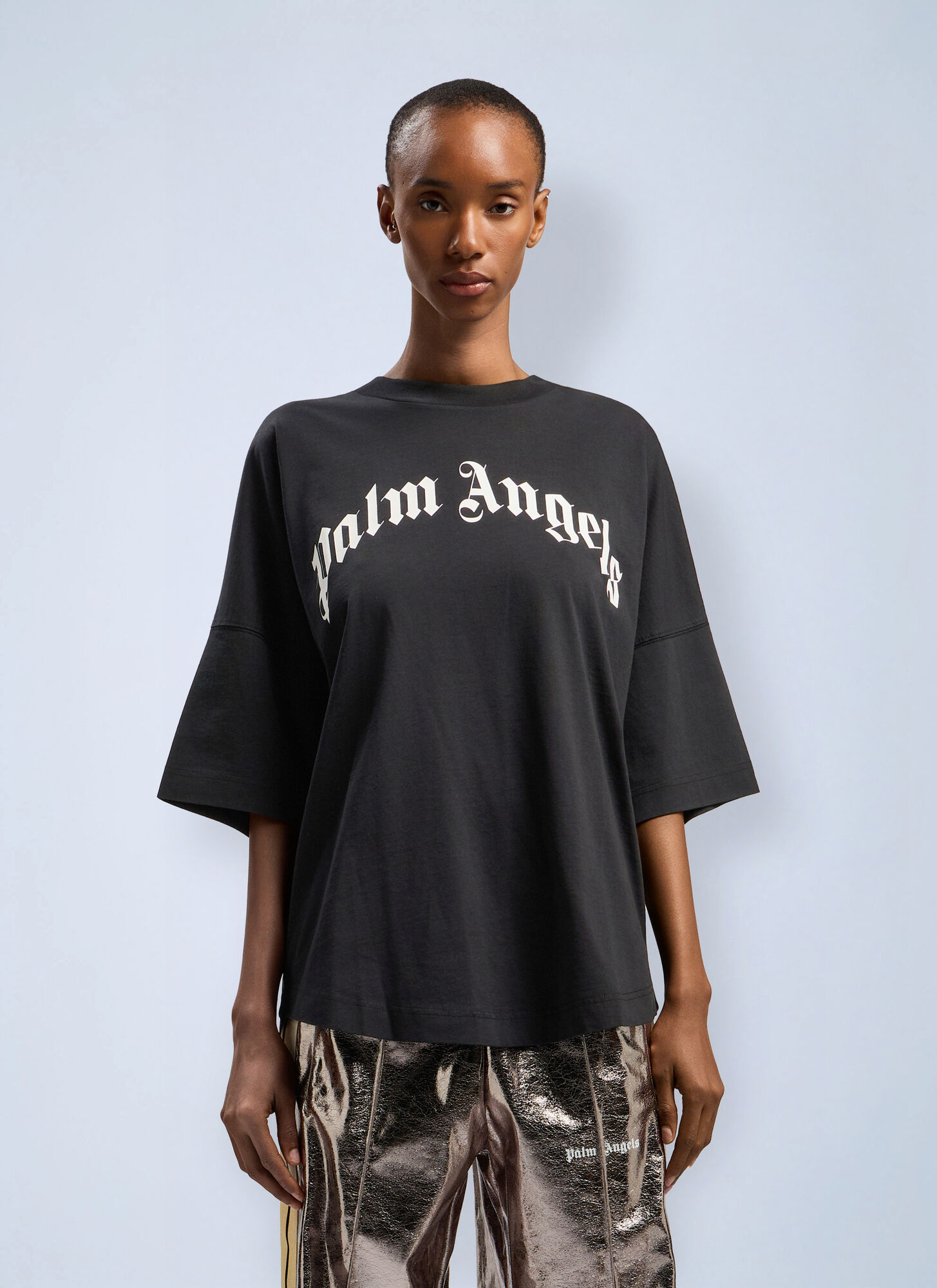 Palm Angels Women's Black Curved Logo Over T-Shirt - Woman T-Shirts Xs