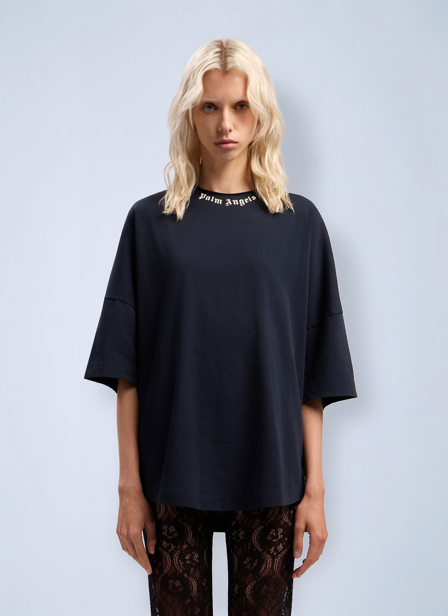 Palm Angels Women's Dark Blue Curved Logo Collar Over T-Shirt - Woman T-Shirts Xs