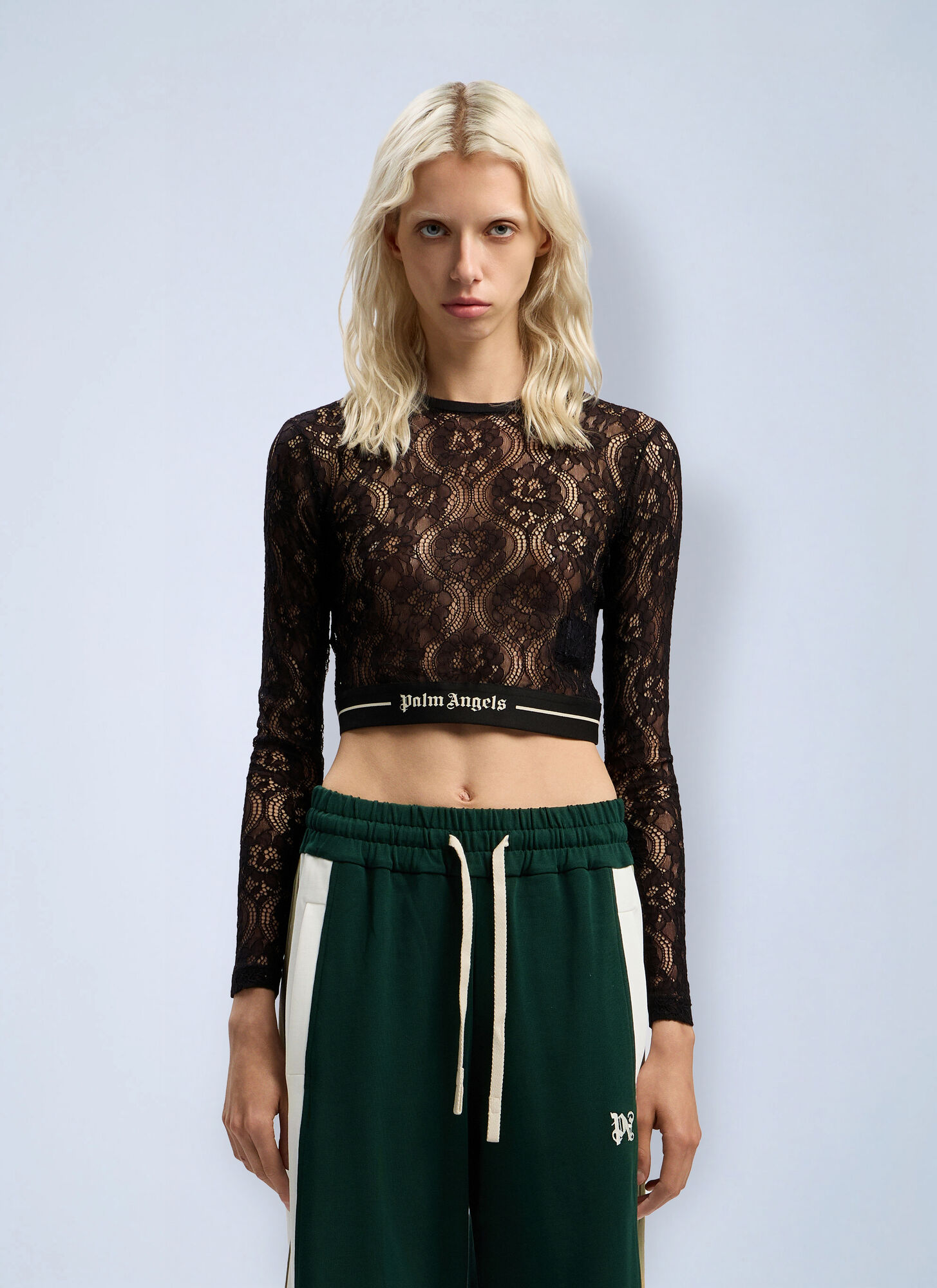 Palm Angels Women's Black Classic Logo Lace Top - Woman T-Shirts Xs