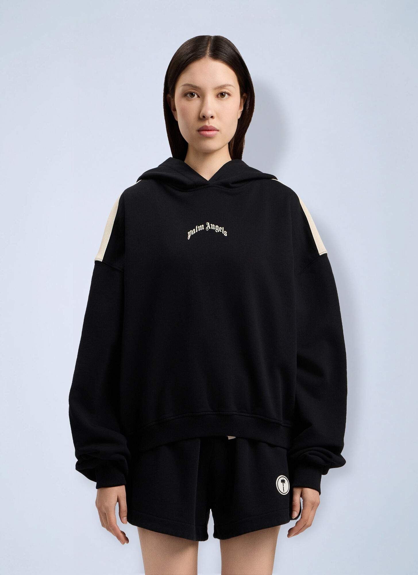 Palm Angels Curved Logo Loose Crop Hoodie - Woman Sweatshirts Black L　パーム・エンジェルス カーブ ロゴ ルーズ クロップ パーカー - 女性スウェット ブラック L Palm