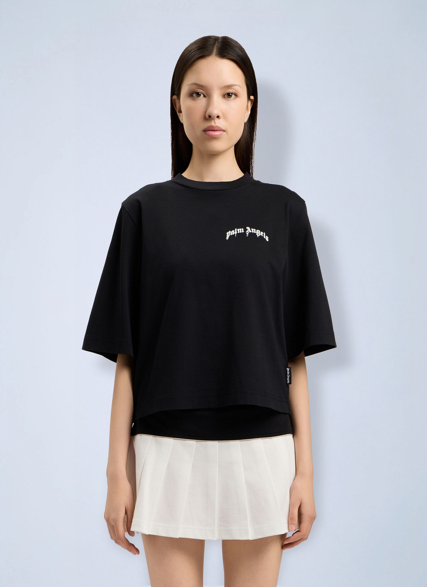 Palm Angels Mini Curved Logo Boxy T-shirt - Woman T-shirts Black Xs　パーム・エンジェルス ミニ カーブ ロゴ ボクシー T シャツ - 女性 T シャツ ブラック Xs Palm