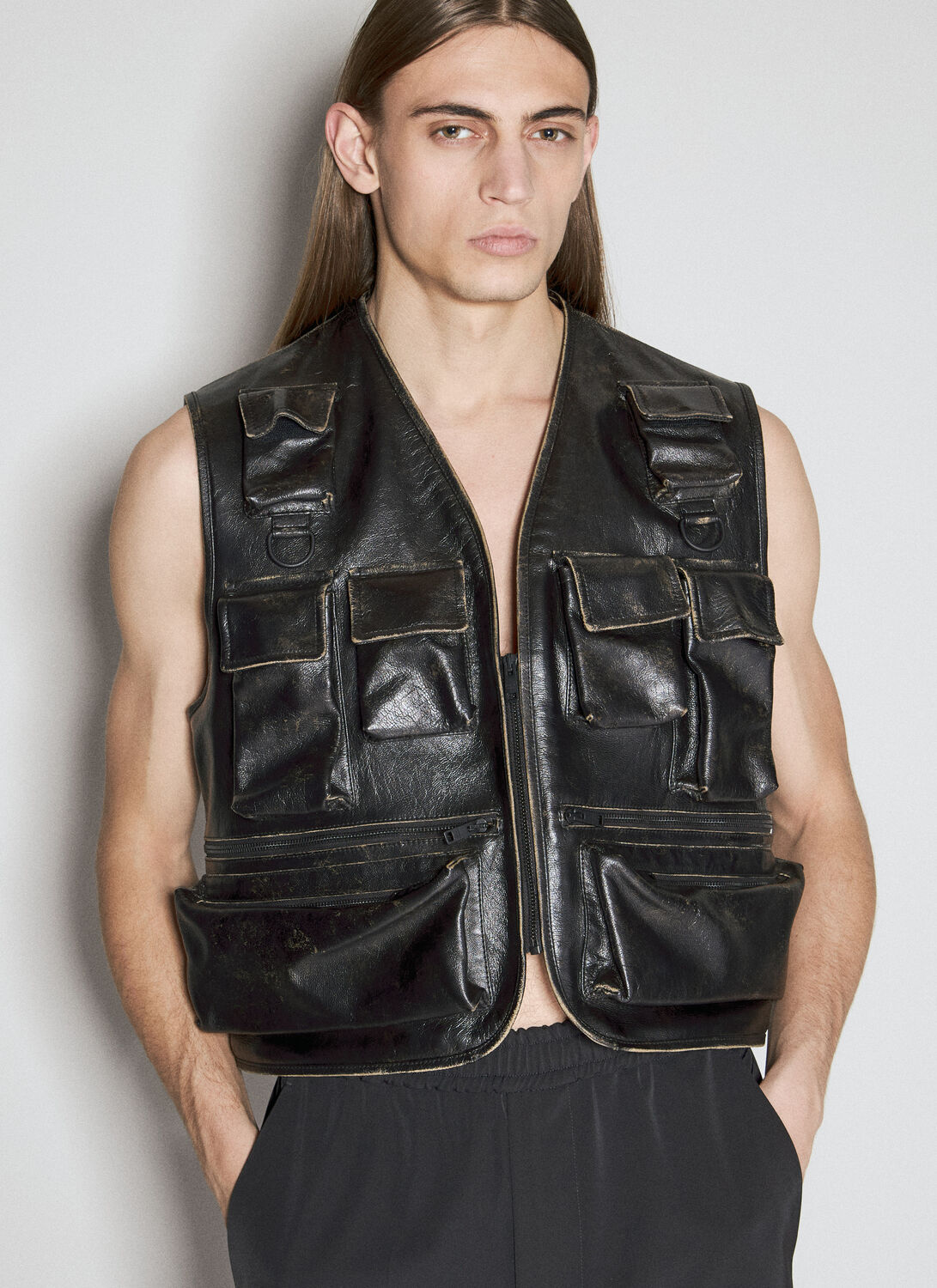 Shop Prada Leather Cargo Vest In Black